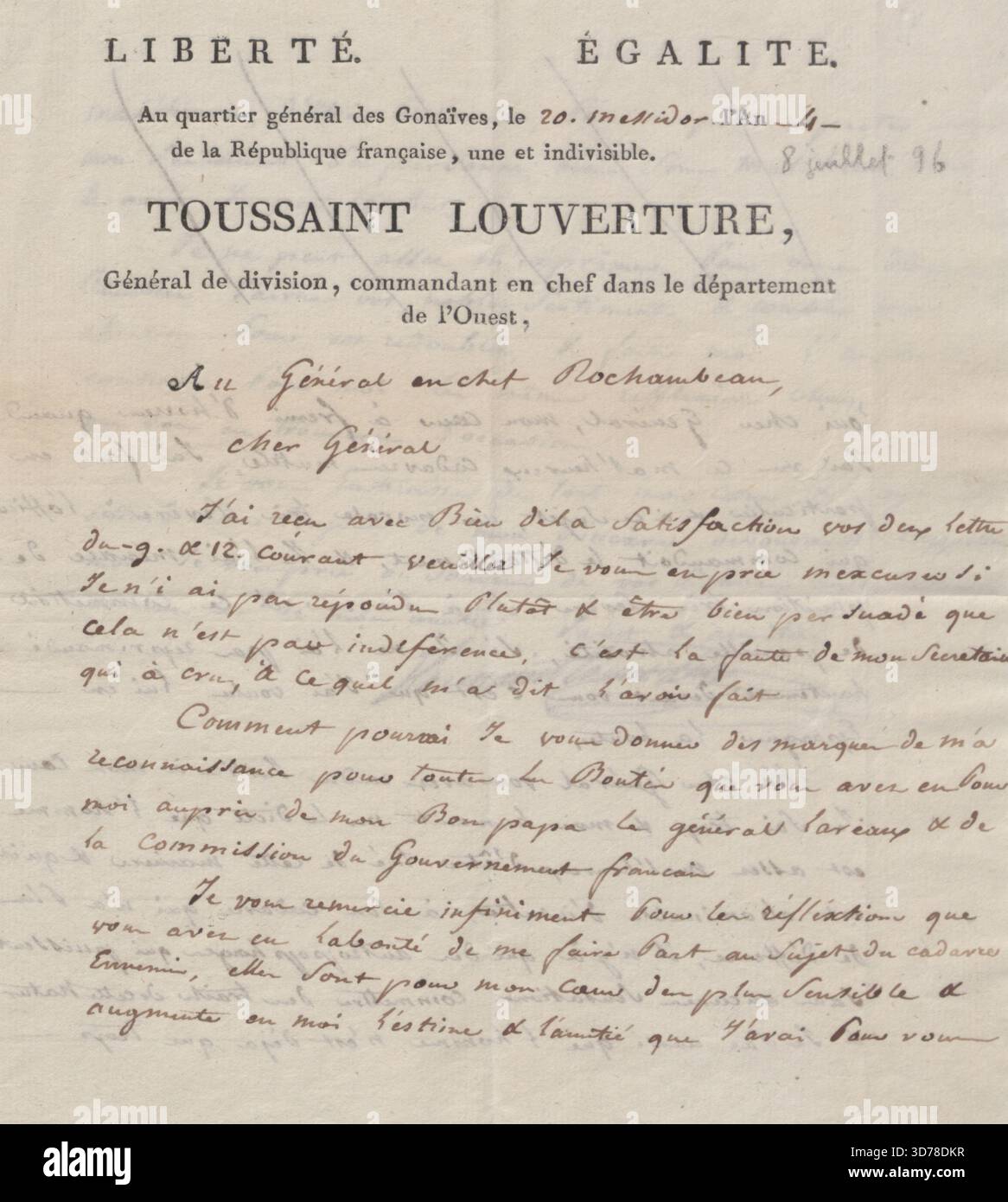 Toussaint Louverture à Rochambeau à propos des prisonniers., 8 juillet 1796. Haïti, Saint-Domingue. Historique Banque D'Images