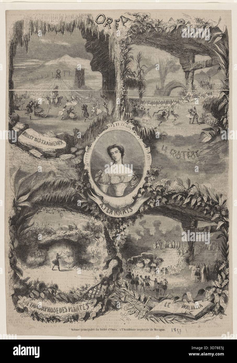Orfa ballet des traineux, le cratère, metamorphose des plantes, la Walhalla, Additional, scènes principales du ballet d'Orfa, à l'Académie impériale de musique, 1857, Paris, Ferraris, Amalia, 1830-1904, Opéra de Paris, Orfa (oeuvre chorégraphique Mazilier), Ballet, France, XIXe siècle, gravures sur bois, 22,5 x 31,5 cm Banque D'Images
