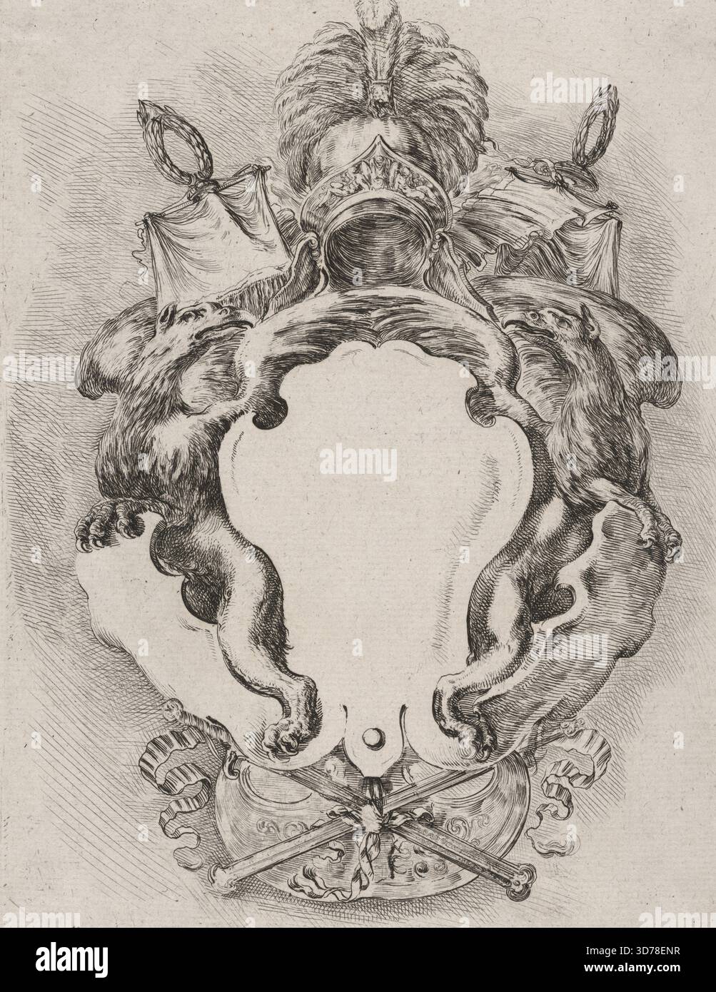 Cartouche contenant un blason flanqué de deux griffons., 1646, gravures de milieux, 9 3/16 x 7 5/16 po. (23,4 x 18,5 cm), papier / feuille 9 7/16 x 7 1/2 po. (24 x 19 cm), matériau papier couché à la crème Banque D'Images