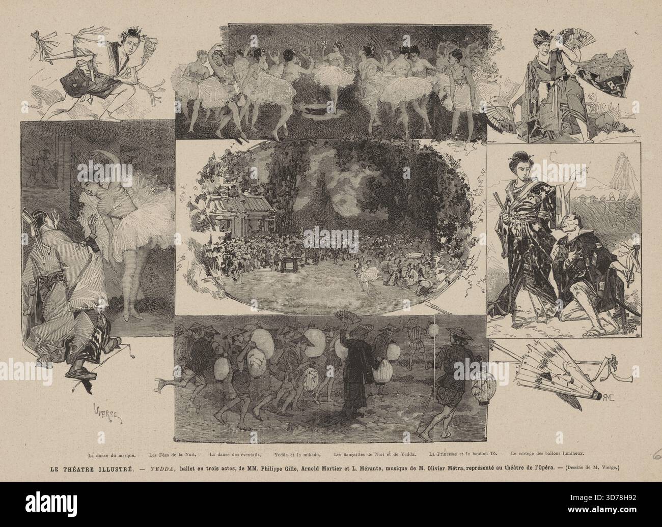 Estampes de danse tirées de périodiques illustrés du XIXe siècle, 1858 - 1890, mettant en vedette des œuvres de Gamborg, Knud, Hogan, Thomas, Méaulle, F. (Fortuné), Vierge, Daniel, Mauri, Rosita, Zucchi, Virginie, et des œuvres chorégraphiques telles que Sacountalâ (Petipa), Fandango, Yedda, Korrigane, Spielmann, Sieba ; ou la spada di Wodan (Manzotti), Farandole, et Rêve. La collection comprend des gravures sur bois et se caractérise par son accent sur le ballet dans la France du XIXe siècle., 12 estampes, noir et blanc ; 41 x 41 cm ou moins Banque D'Images