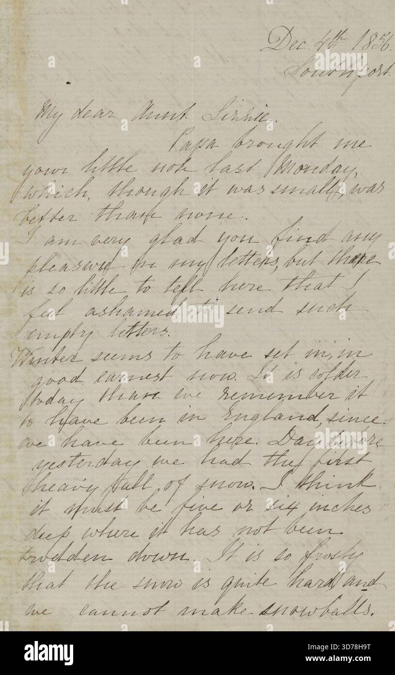 Hawthorne, Una, ALS à Elizabeth Palmer Peabody, tante. Dec. 4, 1856., 1856-12-04, Southport, Lancashire, Angleterre, lettres, 1 double feuillet, 4 pages écrites Banque D'Images