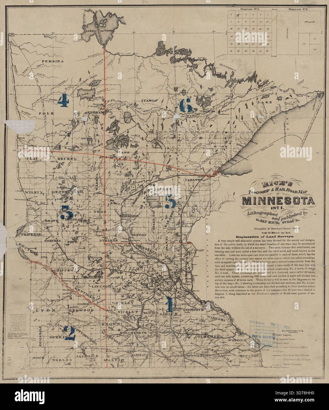 Le canton de Rice et la carte du chemin de fer du Minnesota, créées en 1871 par G. Jay Rice. La carte est lithographiée et publiée dans le temple constitué Paul, Minnesota. Il mesure 45 x 38 cm sur une feuille de 48 x 42 cm et présente un tracé manuscrit et des régions numérotées en couleur. La carte illustre les chemins de fer du Minnesota et ses divisions administratives et politiques. La copie de NYPL Map Division est imparfaite, avec de petits morceaux de la carte manquants Banque D'Images