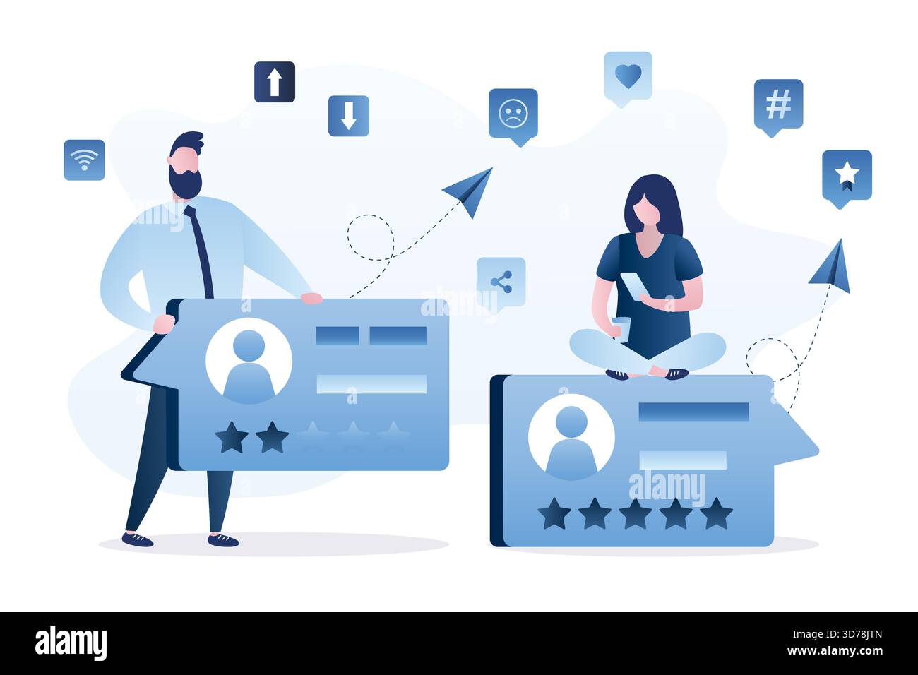 Femme utilisatrice avec avis positif et homme client avec message négatif. Témoignages, commentaires des clients. Système de classement. Commentaires et sondages de busines Illustration de Vecteur