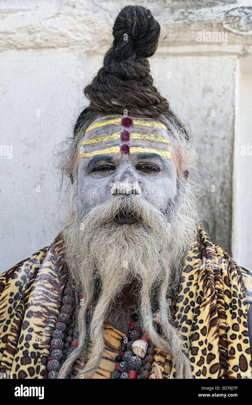Katmandou, Népal - 20 octobre 2025 : vue d'un Saint homme solennel avec une longue barbe, le visage couvert de cendres et des dreadlocks complexes, ornés de cris vibrants Banque D'Images