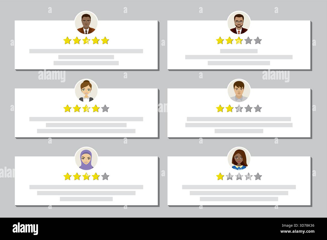 Ensemble de critiques positives et négatives. Messages avec divers avatars de personnes. Modèle de témoignages pour le web. Commentaires des clients. Système de classement. Bus de qualité Illustration de Vecteur