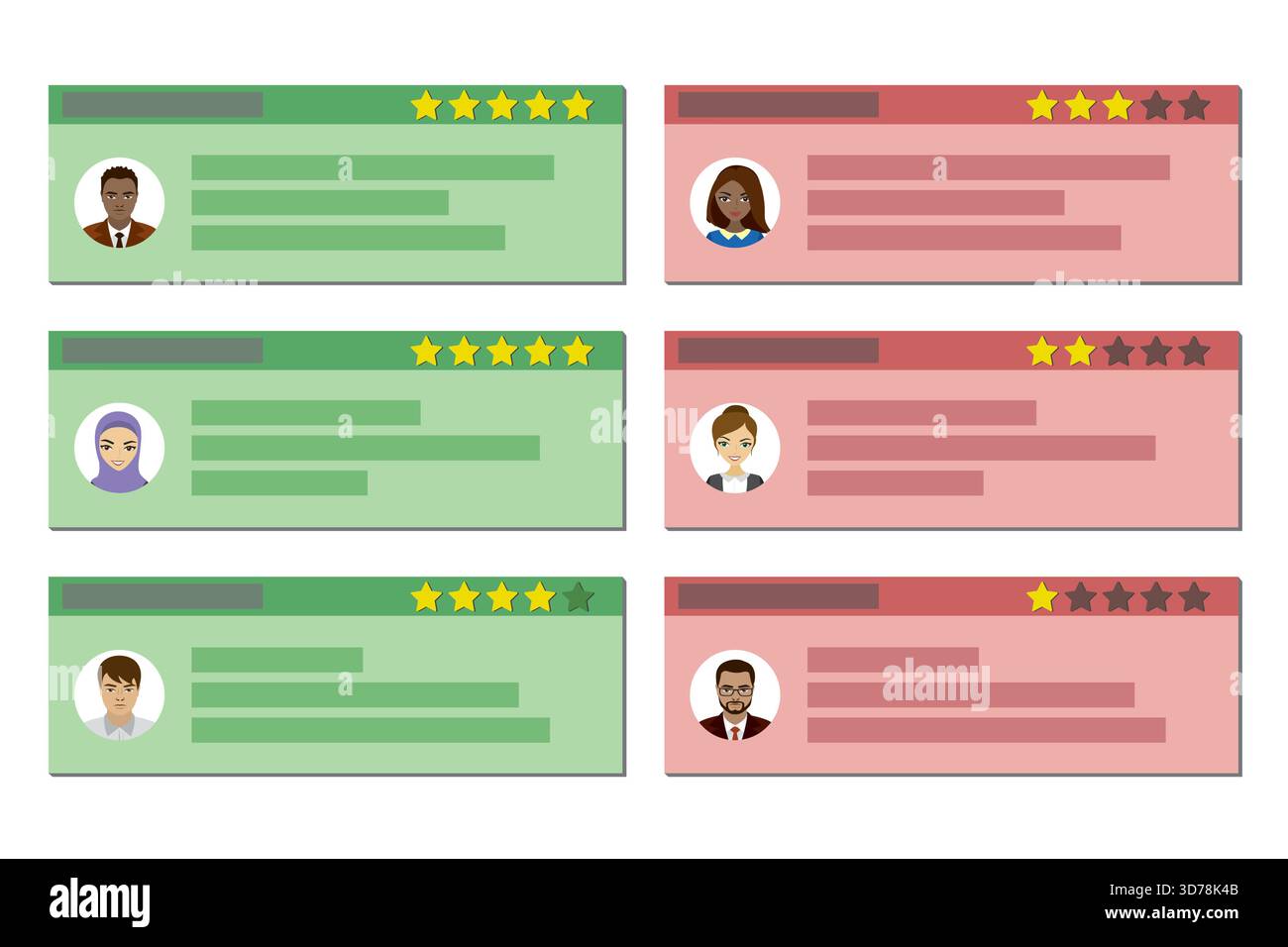 Ensemble de critiques positives vertes, négatives rouges. Messages avec divers avatars de personnes. Témoignages avec étoiles, modèle pour le web. Commentaires des clients. Gradi Illustration de Vecteur