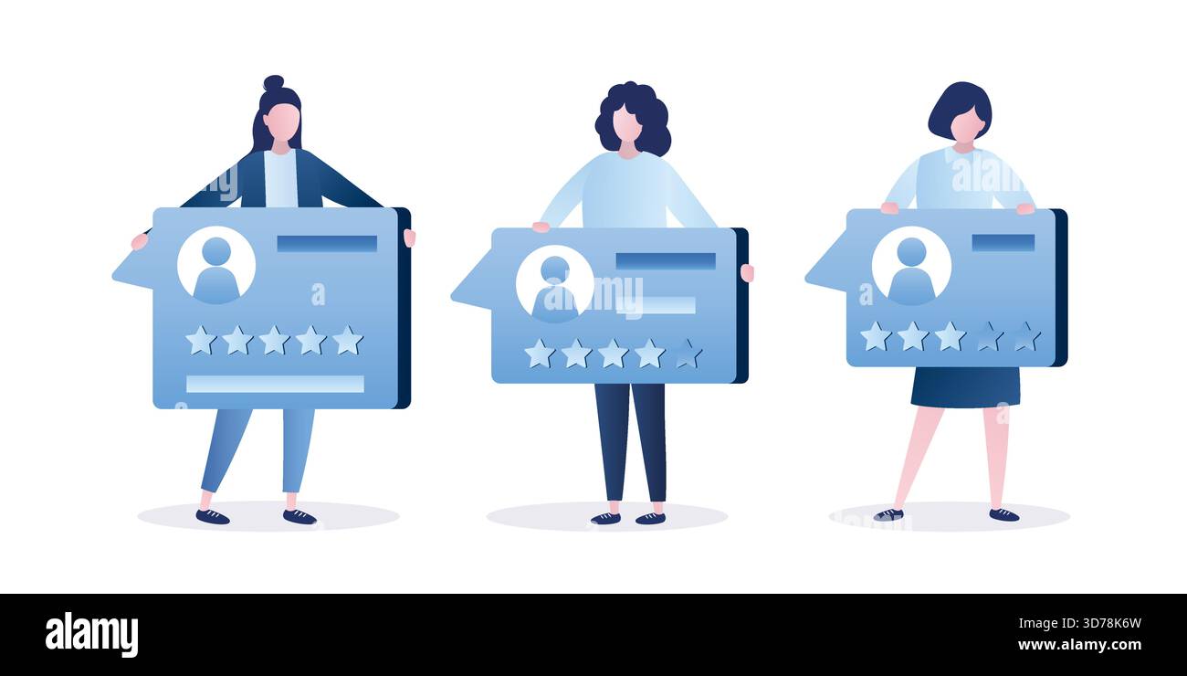 Diverses femmes tenant des critiques positives, négatives. Témoignages, commentaires des clients. Système de classement. Classement des clients. Évaluation de la qualité. Caractères féminins iso Illustration de Vecteur