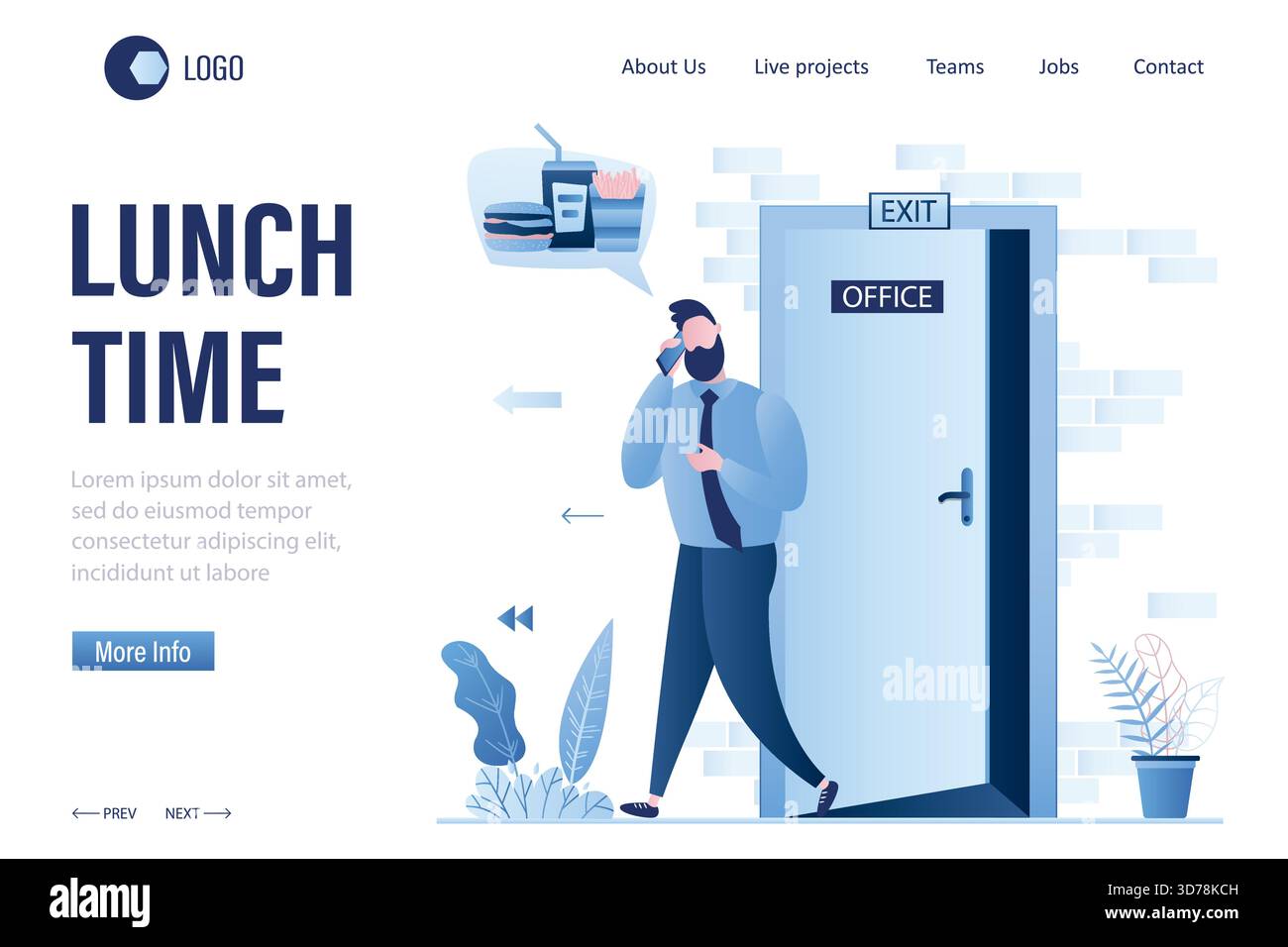 Modèle de page d'accueil heure du déjeuner. Ouvrez la porte du bureau, sortez. Heureux employé masculin rêvant de restauration rapide. Bel homme d'affaires quitte ses fonctions. Temps m Illustration de Vecteur