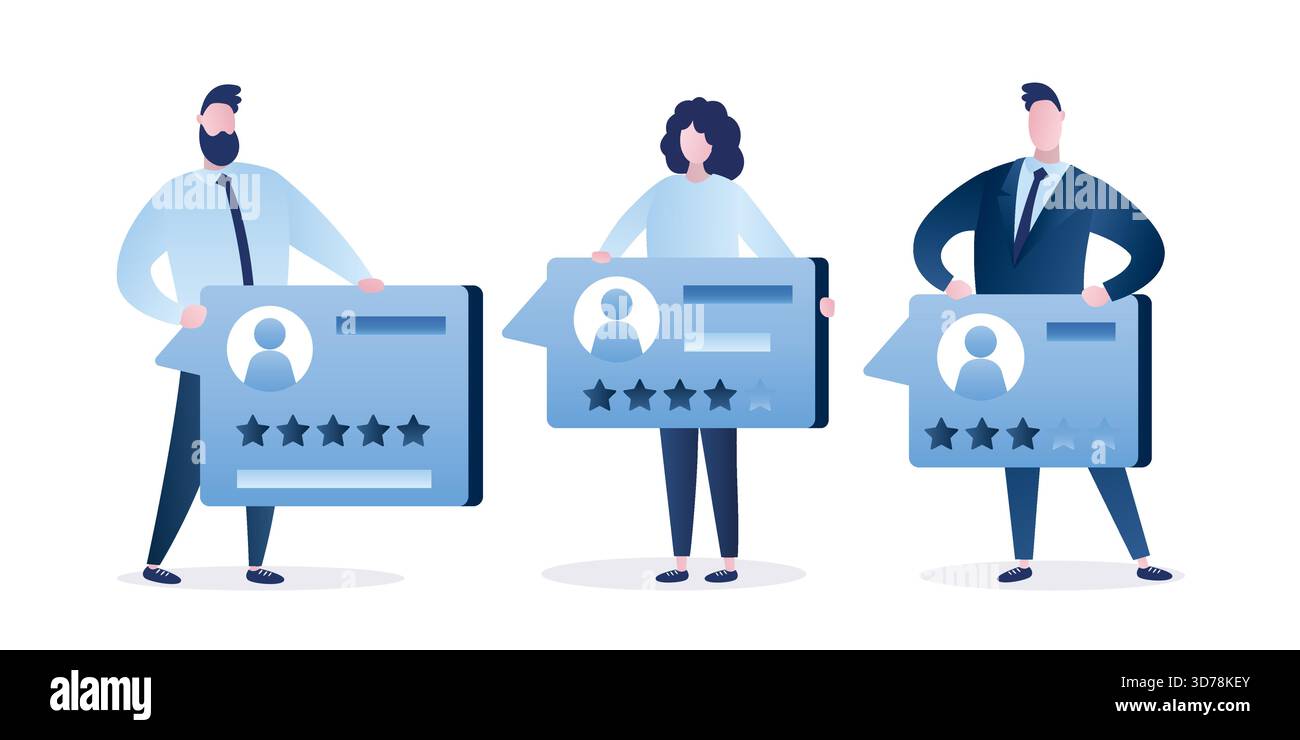 Diverses personnes tenant des critiques positives, négatives. Témoignages, commentaires des clients. Système de classement. Classement des clients.qualité. Caractères humains iso Illustration de Vecteur