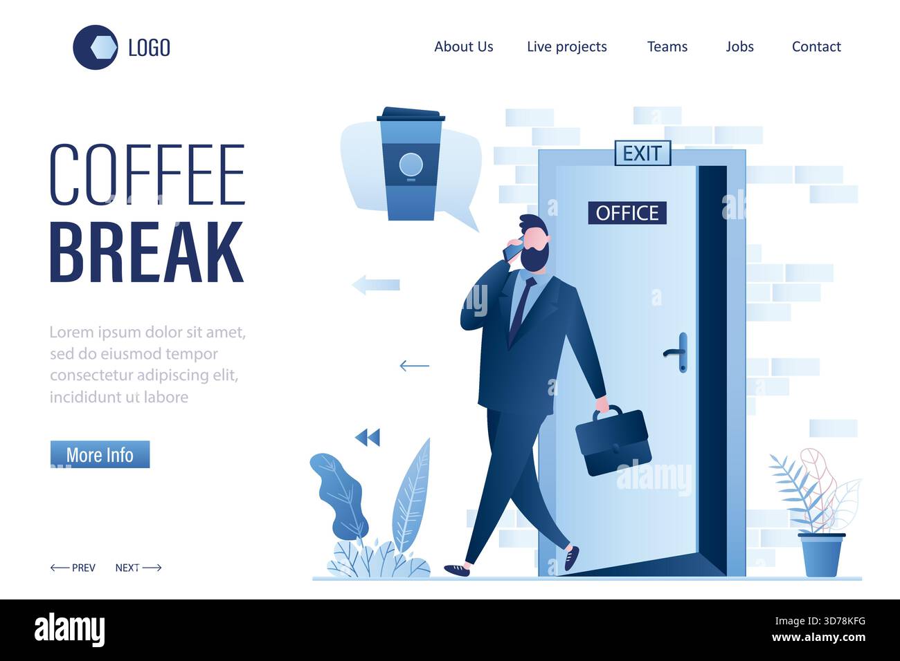 Modèle de page d'accueil Pause café. Ouvrez la porte du bureau, sortie du tableau. Heureux employé masculin rêvant de tasse de café. Bel homme d'affaires quitte o Illustration de Vecteur