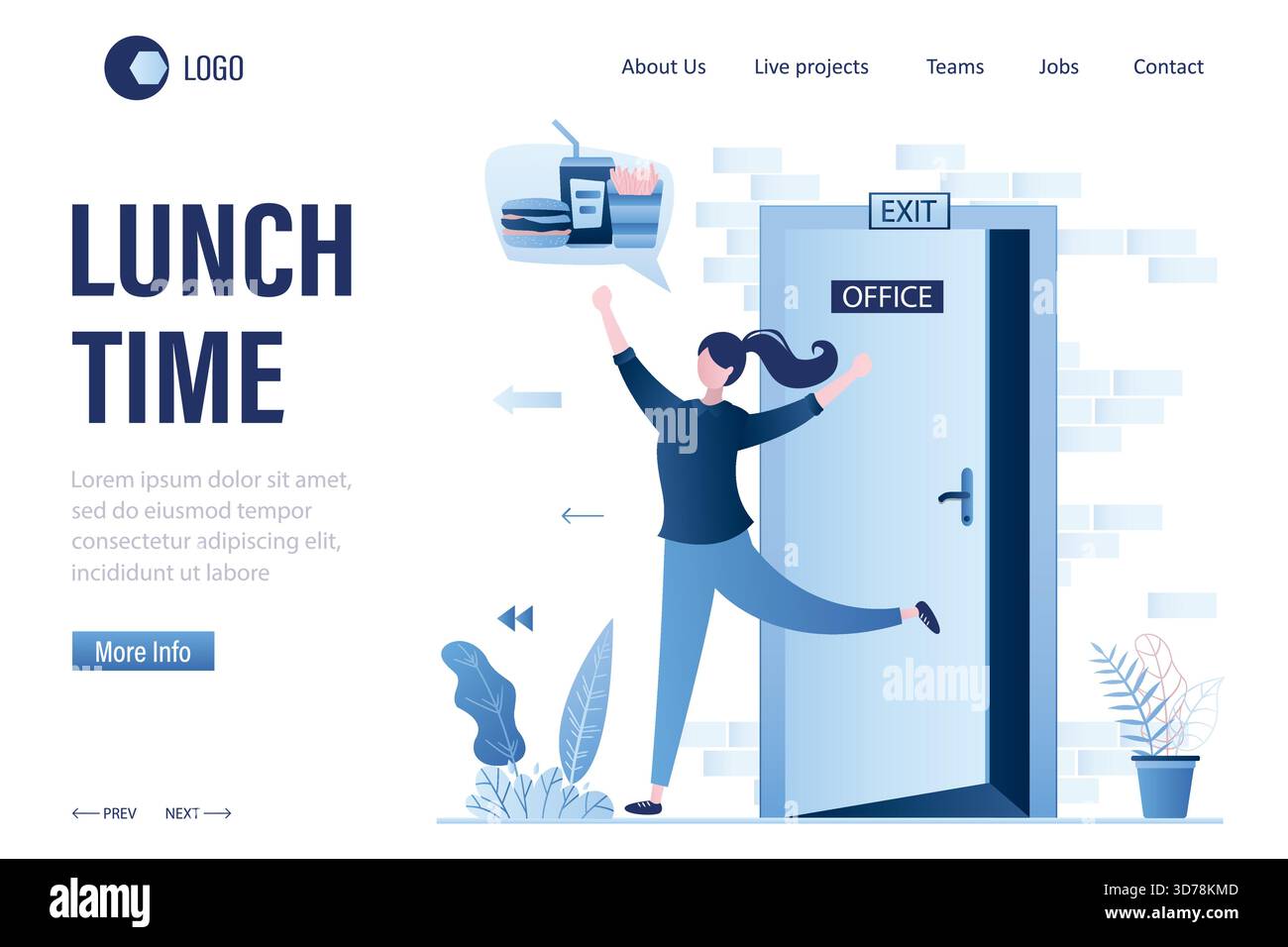 Modèle de page d'accueil heure du déjeuner. Ouvrez la porte du bureau, sortez. Heureuse employée rêvant de restauration rapide. Belle femme d'affaires quitte son bureau. T Illustration de Vecteur