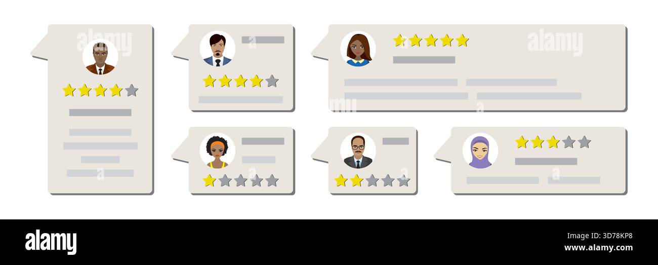Ensemble de critiques positives et négatives. Modèle de témoignages pour le web. Commentaires des clients. Système de classement. Un travail de qualité professionnelle. Messages avec divers peop Illustration de Vecteur