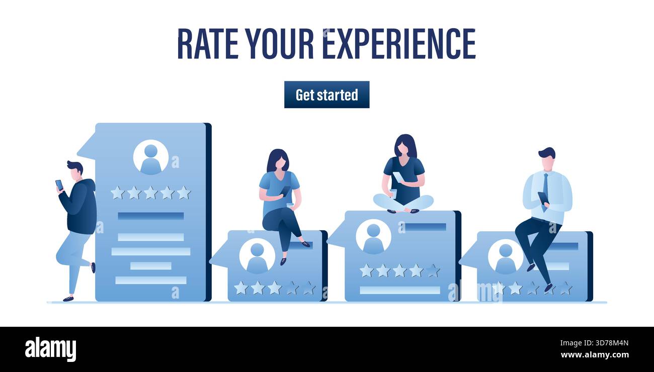 Modèle Web de page de renvoi évaluez votre expérience. Diverses personnes avec des critiques positives, négatives. Témoignages, commentaires des clients. Système de classement. Minuscule Illustration de Vecteur