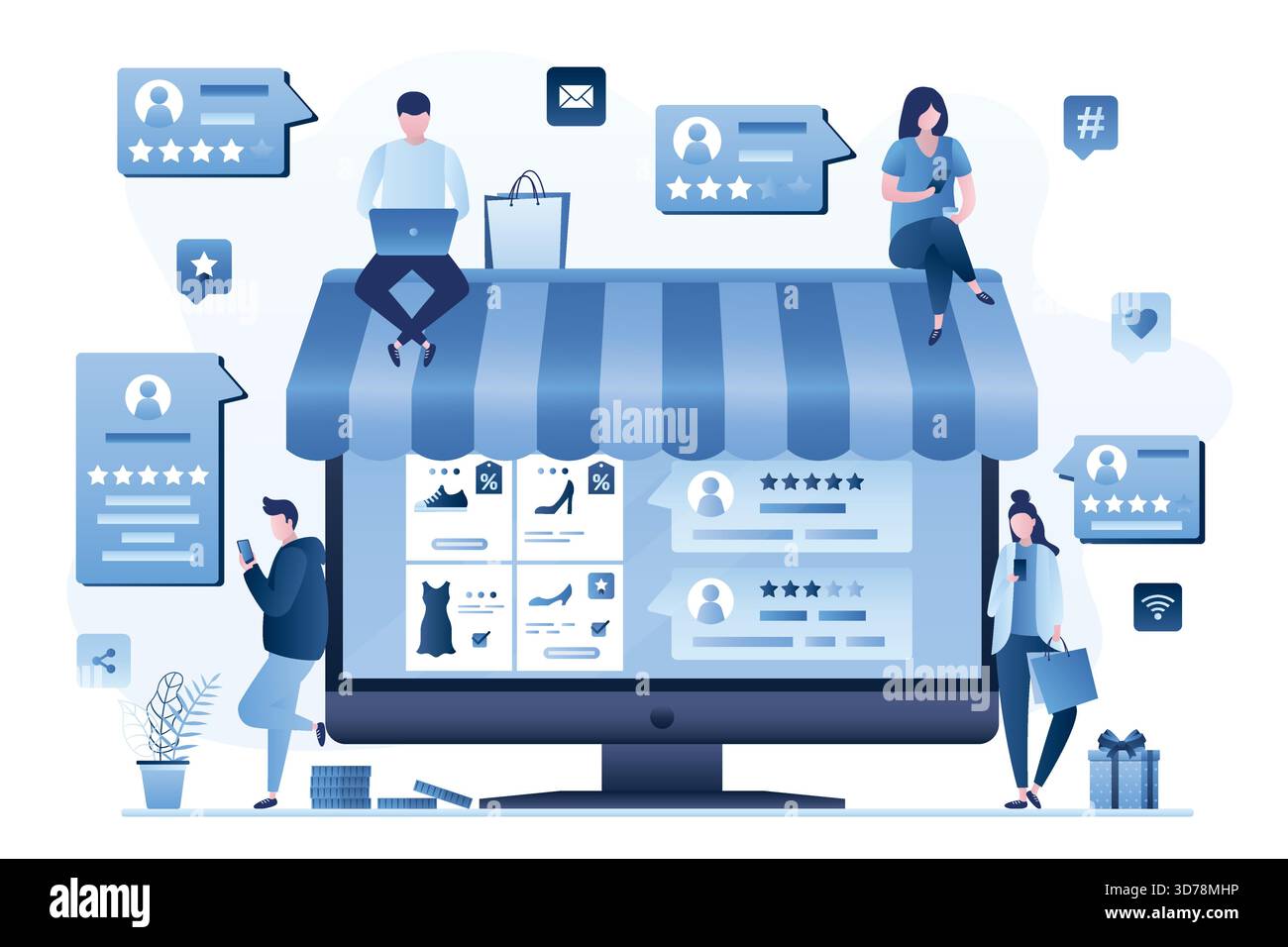 Boutique en ligne. Un groupe de personnes envoie des avis. Communication et messagerie sur les réseaux sociaux. Témoignages, concept de feedback client. Qualité de Marketplace Illustration de Vecteur