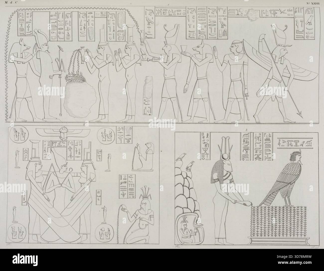 Rappresentanze relative all'imbalsamatura e risorgimento d'Osiride Osiris, nel suo appartamento funerale a phile Philae. Créé entre 1832 et 1844 par Giuseppe Angelelli, Gaetano Rosellini et Salvador Cherubini. L'œuvre présente des thèmes liés aux antiquités égyptiennes, y compris des divinités telles que Osiris, Horus, Anubis et Isis. Le cadre est Philae, en Égypte, et la pièce met l'accent sur les aspects religieux et les rituels associés à Osiris et à la pratique de l'embaumement. Le support utilisé pour cette représentation est la lithographie Banque D'Images