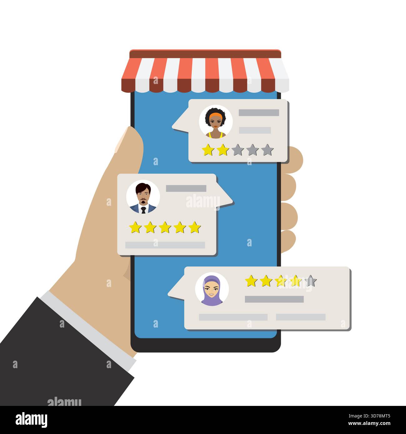 Smartphone portable avec application de boutique en ligne. Critiques positives et négatives à l'écran. Témoignages sur le marché Internet. Qualité d'affaires Illustration de Vecteur