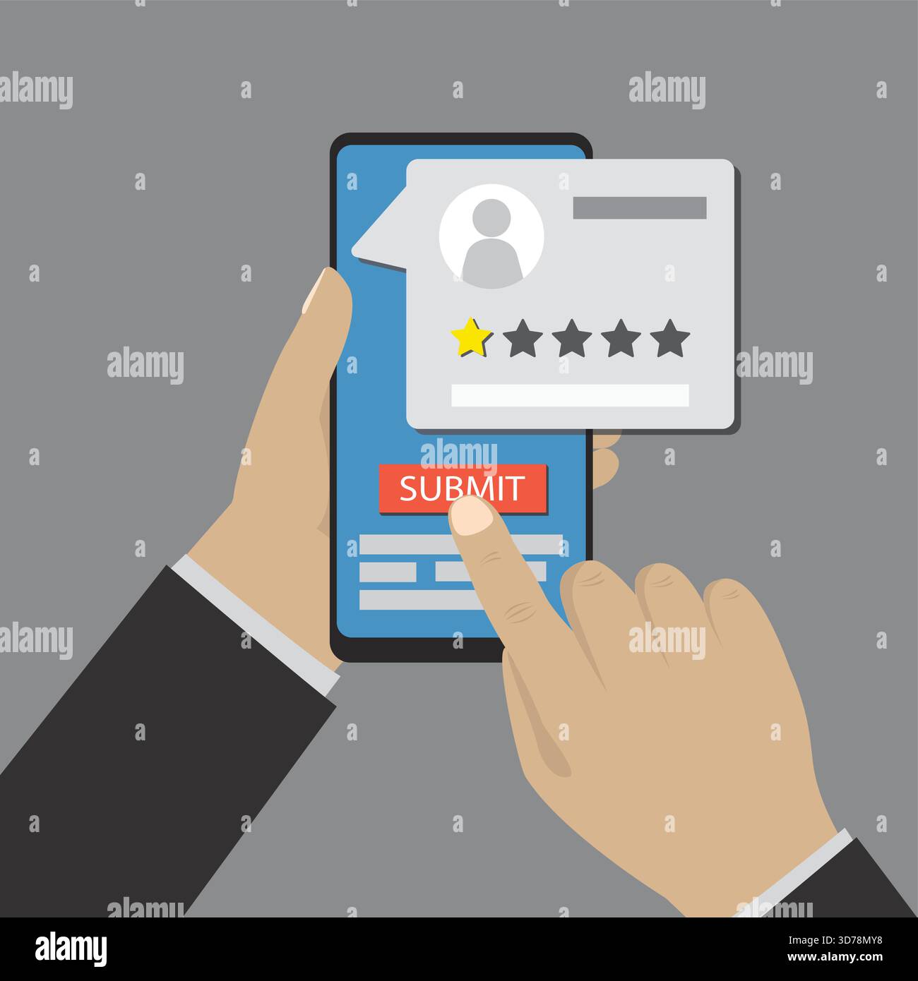 Mains de dessin animé tenant et touchant le téléphone mobile. Avis négatif des clients, témoignages sur l'application ou le marché Internet. Travail d'affaires de mauvaise qualité. RA Illustration de Vecteur