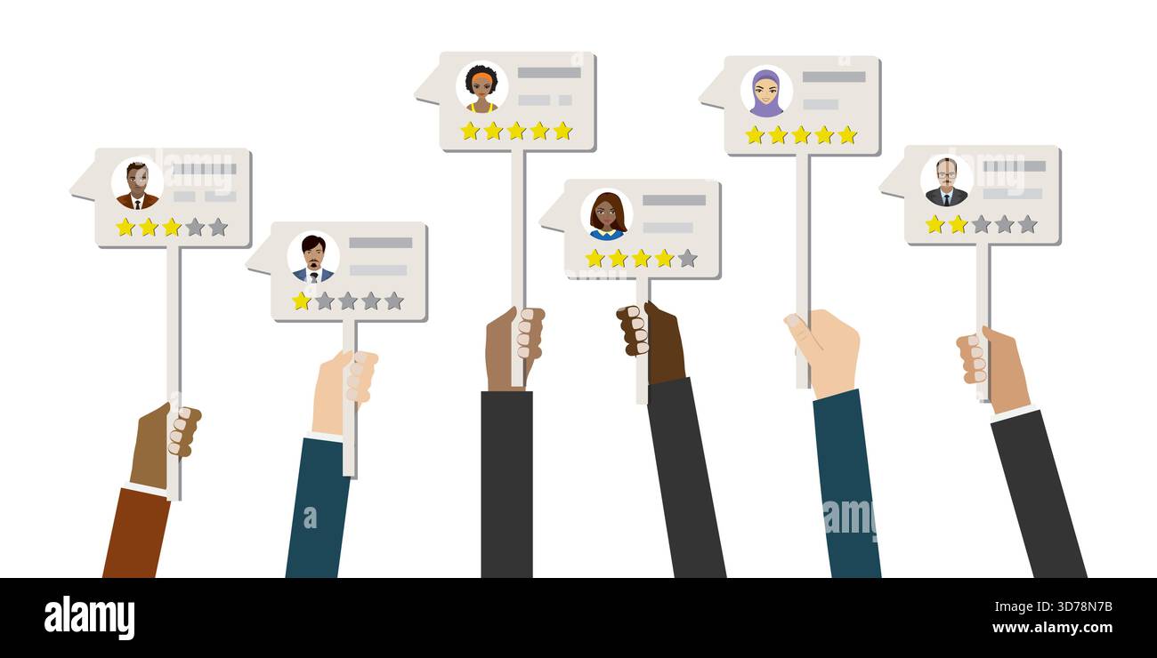 Diverses mains tenant des tableaux de messages avec des critiques positives et négatives. Témoignages, commentaires des clients. Système de classement. Travail professionnel de qualité. CLIE Illustration de Vecteur