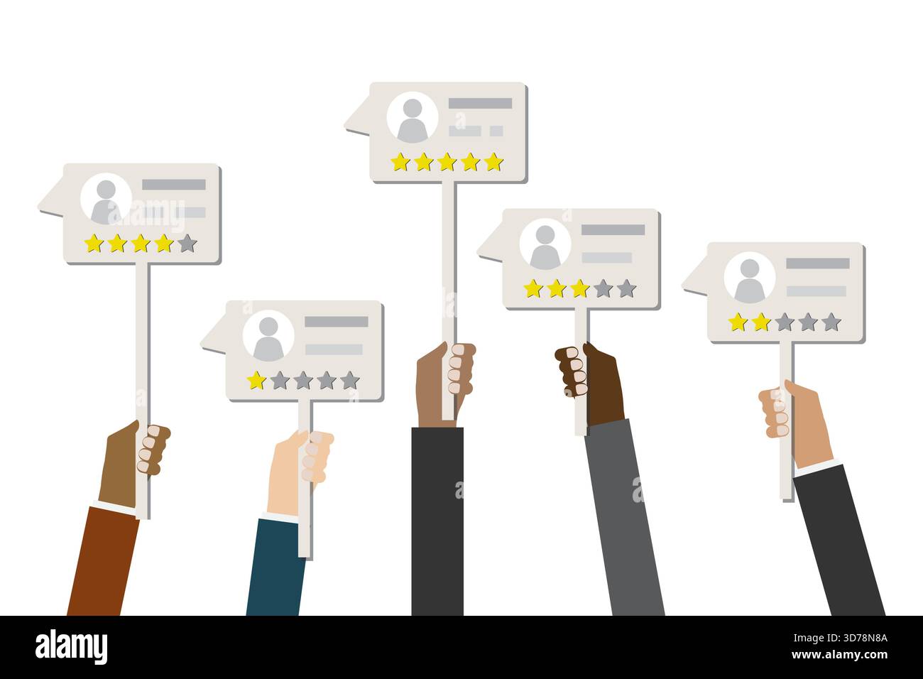 Diverses mains tenant des tableaux de messages avec des critiques positives et négatives. Témoignages, commentaires des clients. Système de classement. Travail professionnel de qualité. CLIE Illustration de Vecteur