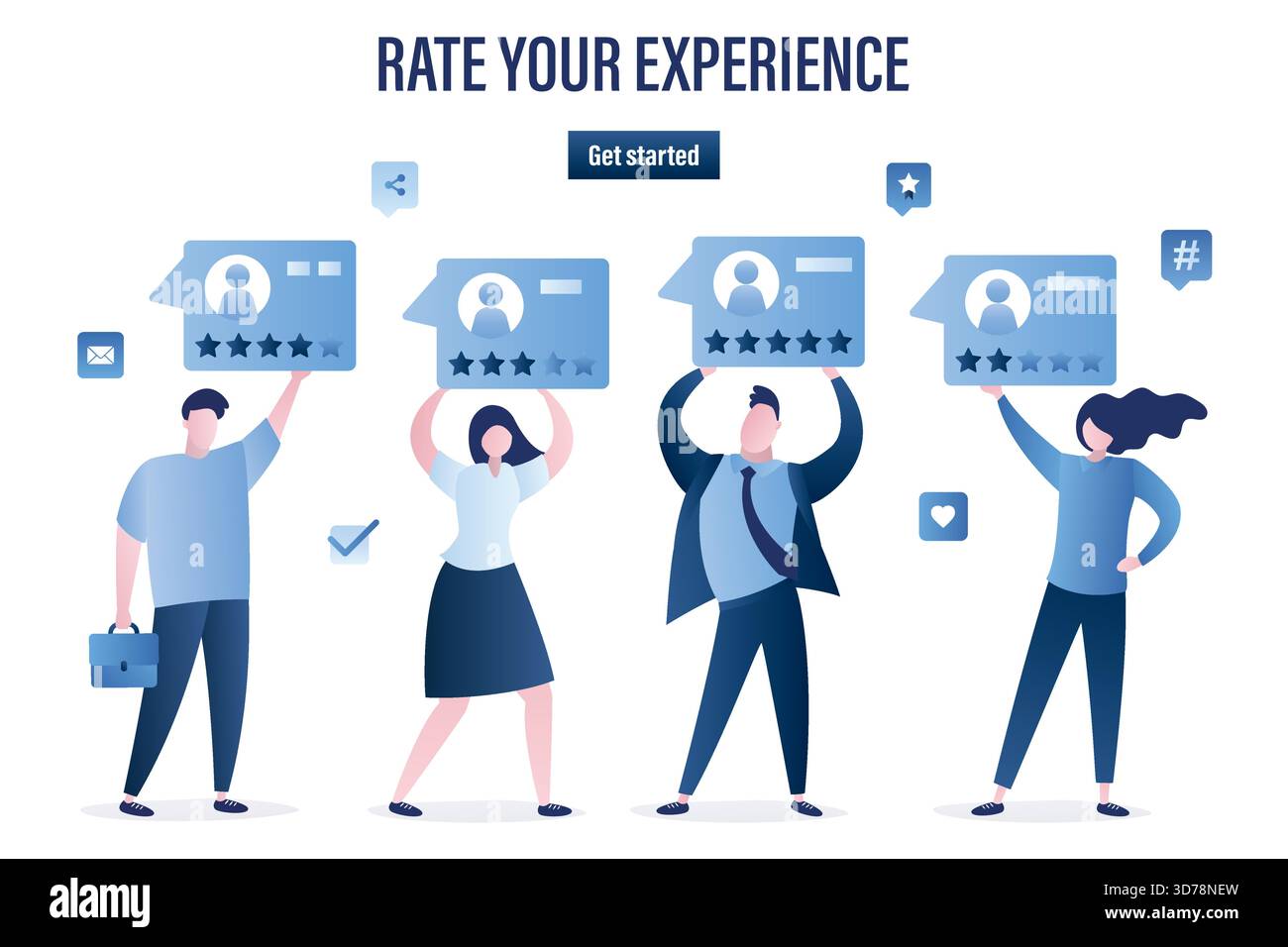 Modèle Web de page de renvoi évaluez votre expérience. Les gens qui tiennent des messages avec des critiques positives et négatives. Témoignages, commentaires des clients. Notation s Illustration de Vecteur