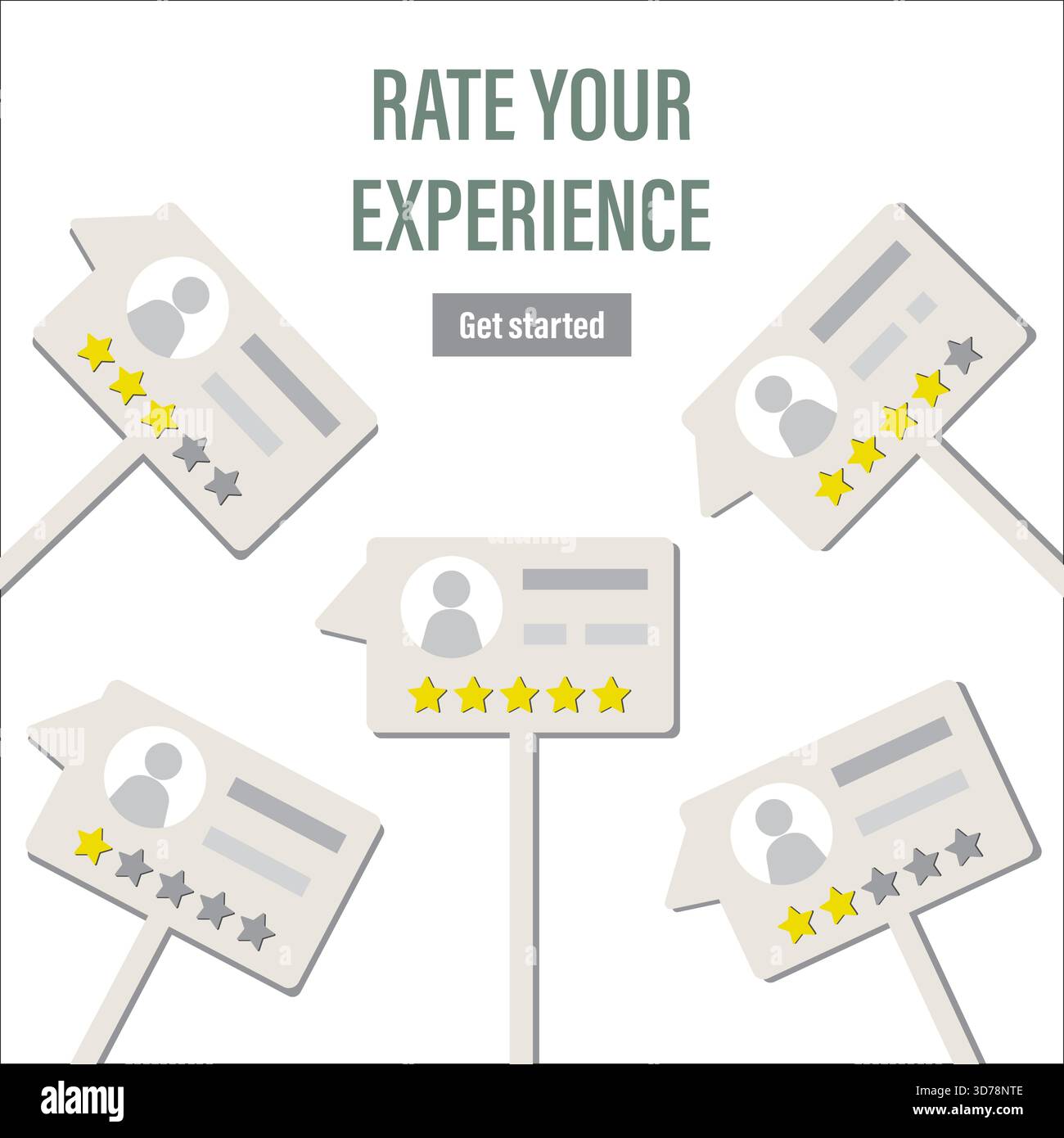 Évaluez le modèle de page Web de votre expérience. Messages avec des critiques positives et négatives. Témoignages, commentaires des clients. Qualité de l'entreprise et du service. Illustration de Vecteur