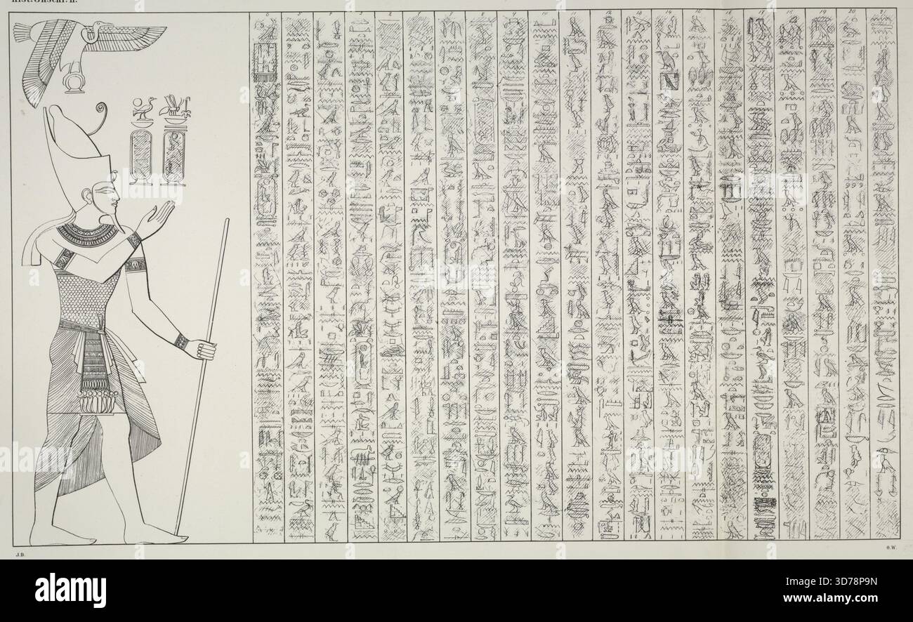Représentations et inscriptions de contenu historique du temple de terrasse de Dêr-el Bah'eri en haute-Égypte, principalement concernant l'expédition en mer envoyée en Arabie par la reine Misaphris, sœur de Thoutmôsis III, au XVIIe siècle av. J.-C.. Le travail exclut la liste des sacrifices sur la planche V et ceux sur la planche VI, qui sont pris de deux tombes privées thébaines., 1869., Leipzig. Editeur, J. C. Hinrichs. Les sujets abordés comprennent des inscriptions, des hiéroglyphes, des antiquités égyptiennes, des bas-reliefs et le site de Deir el-Bahri en Égypte, avec des lithographies Banque D'Images