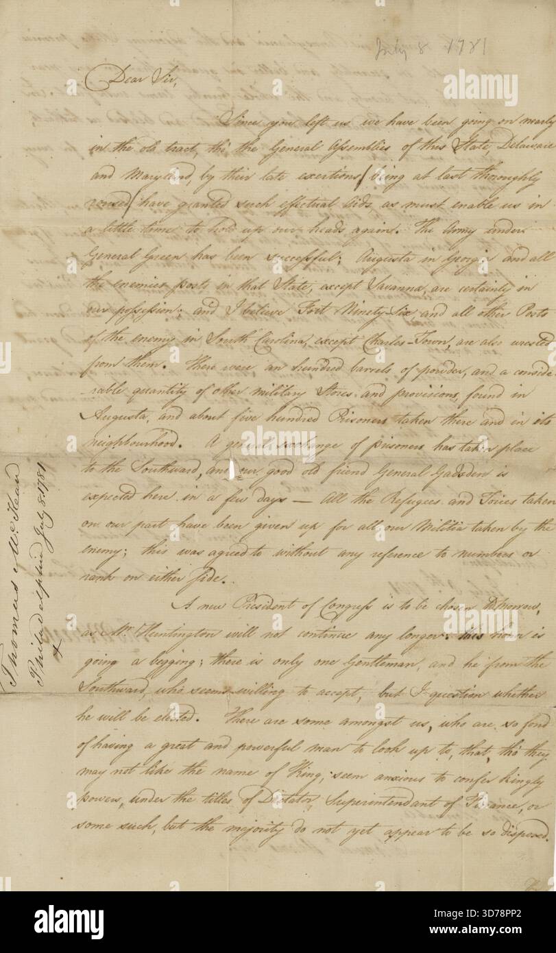 Lettre de Thomas McKean, 8 juillet 1781 Banque D'Images