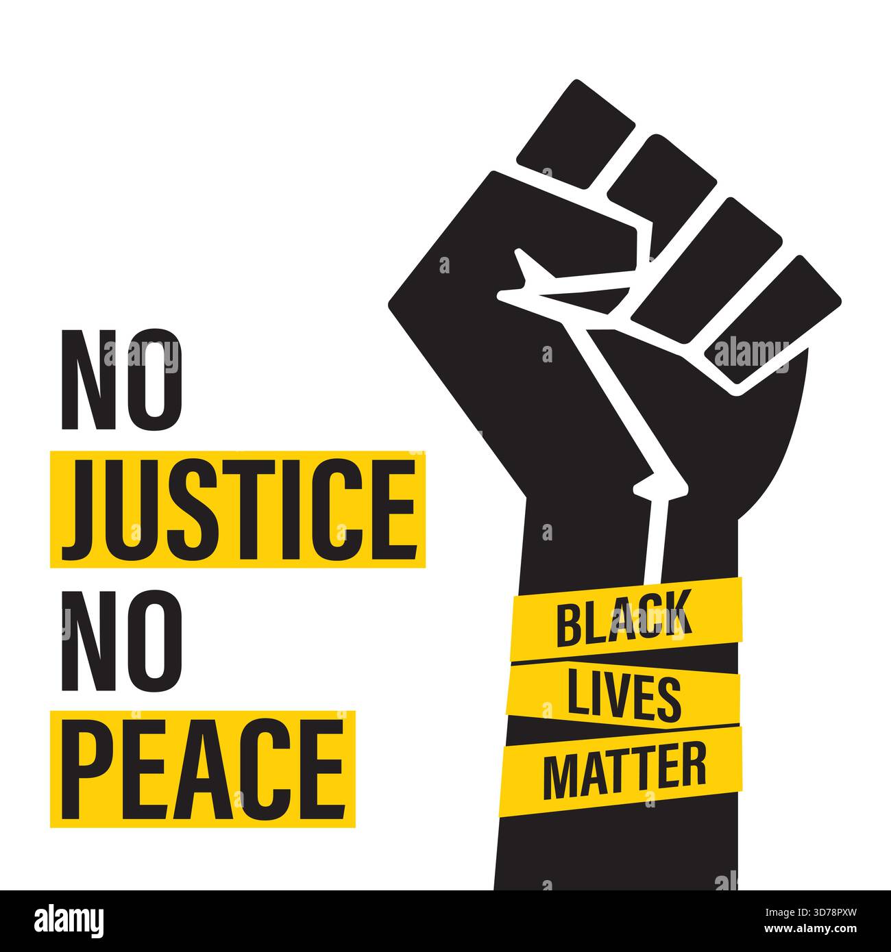 Black Lives Matter mouvement, poing serré et texte isolé sur fond blanc. Pas de justice pas de paix. Affiche ou bannière imprimable pour votre conception. SLO Illustration de Vecteur