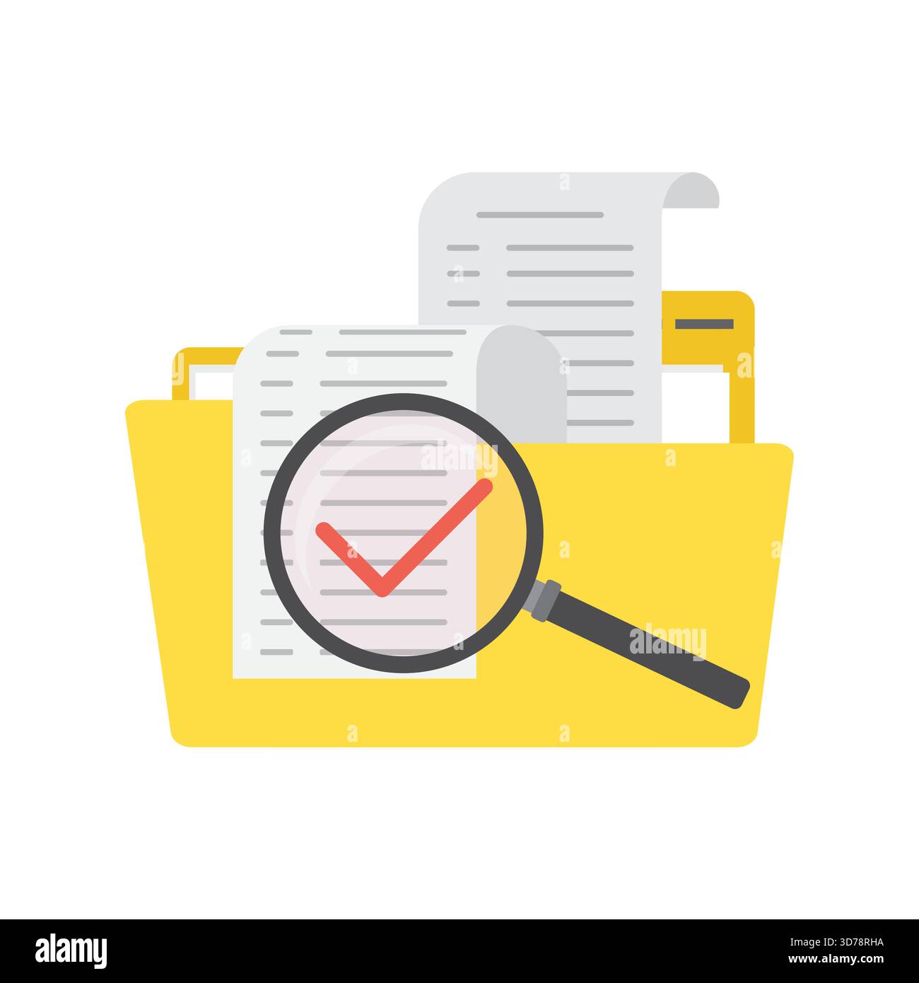 Dossier jaune de dessin animé avec des documents, recherche de fichiers. Grande loupe avec marque rouge correctement. Gestionnaire de fichiers, stockage de données et indexation. Fichiers SEA Illustration de Vecteur