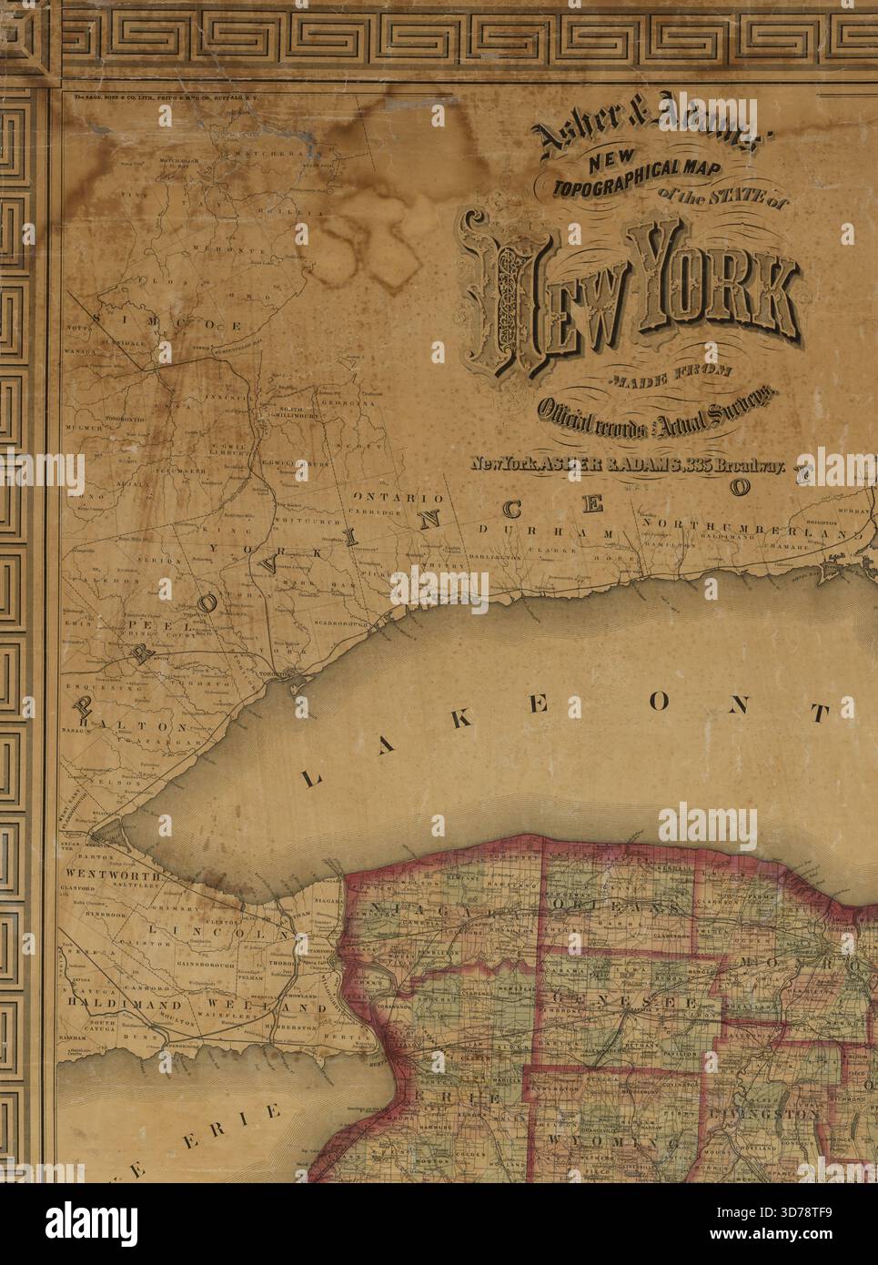 Nouvelle carte topographique de l'état de New York d'Asher & Adams, réalisée à partir de documents officiels et de relevés réels, 1869. Additionnel, Nouvelle carte topographique de l'État de New York., 1869., New York, N.Y. Publisher, Asher & Adams., 1 carte couleur ; 135 x 159 cm, sur feuille 149 x 173 cm Banque D'Images