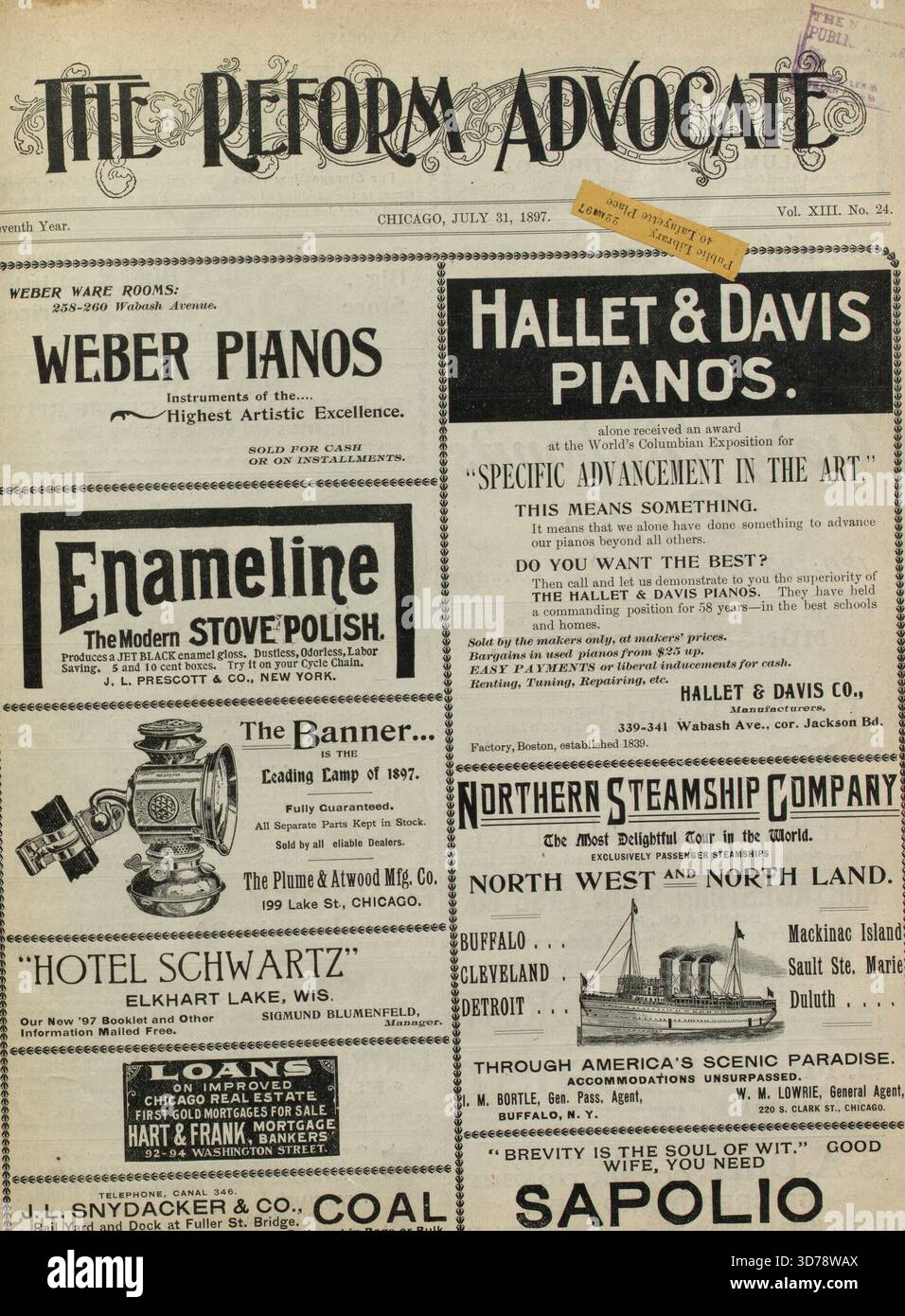 The Reform Advocate, volume 13, numéro 24, publié le 31 juillet 1897 à Chicago. Se concentre sur le judaïsme réformiste et présente des périodiques juifs Banque D'Images