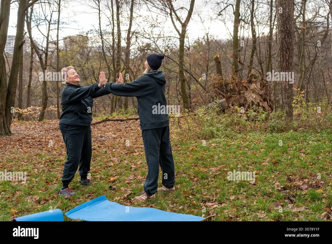 Femme âgée faisant du Tai Chi avec instructeur à l'extérieur. Entraîneur sportif pour personnes âgées. Banque D'Images