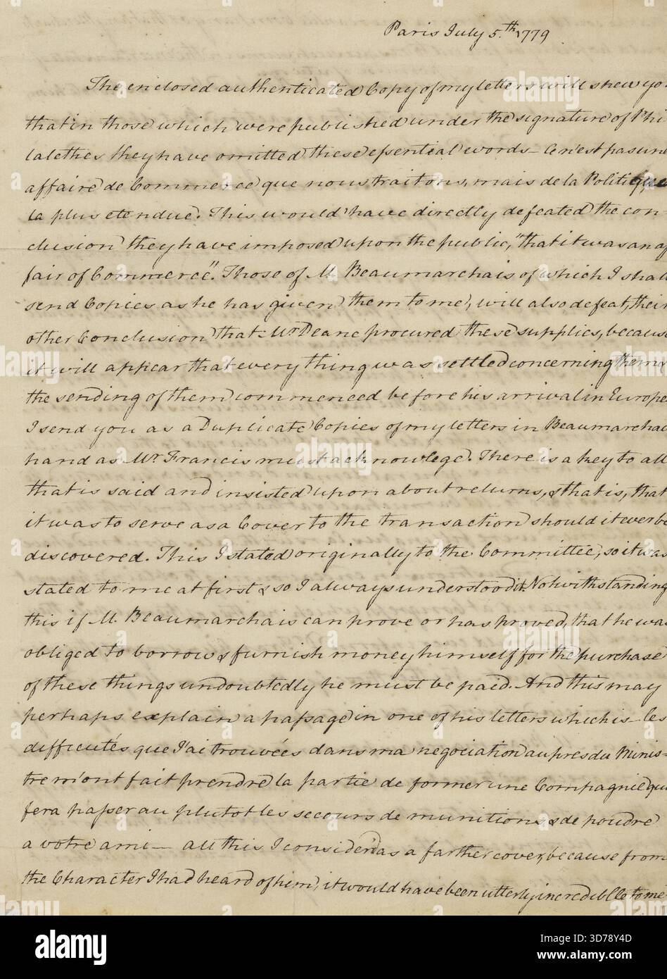 Lettre d'Arthur Lee à Richard Henry Lee, F.L. Lee, Samuel Adams et James Lovell., 1779-07-05 Banque D'Images