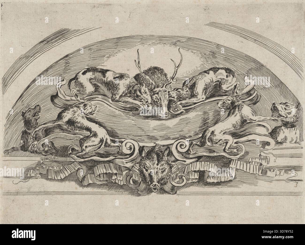 Cartouche de forme écrasée, contenant un écusson vide., 1610 - 1664, gravures, 7 5/16 x 9 5/8 po. (18,5 x 24,5 cm), papier / feuille 7 3/4 x 10 1/16 po. (19,7 x 25,5 cm), Cream laid Banque D'Images