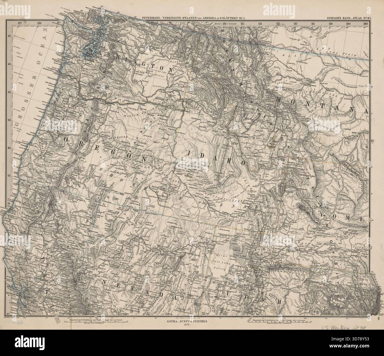 Une carte intitulée 'Vereinigte Staaten von Amerika à 6 Blättern, Bl. 1,' produit par Justus Perthes à Gotha, Allemagne, en 1879. Il présente une coloration à la main et mesure 36 x 43 cm, monté sur une feuille de 38 x 47 cm. La carte représente les régions du Nord-Ouest et du Pacifique des États-Unis Banque D'Images