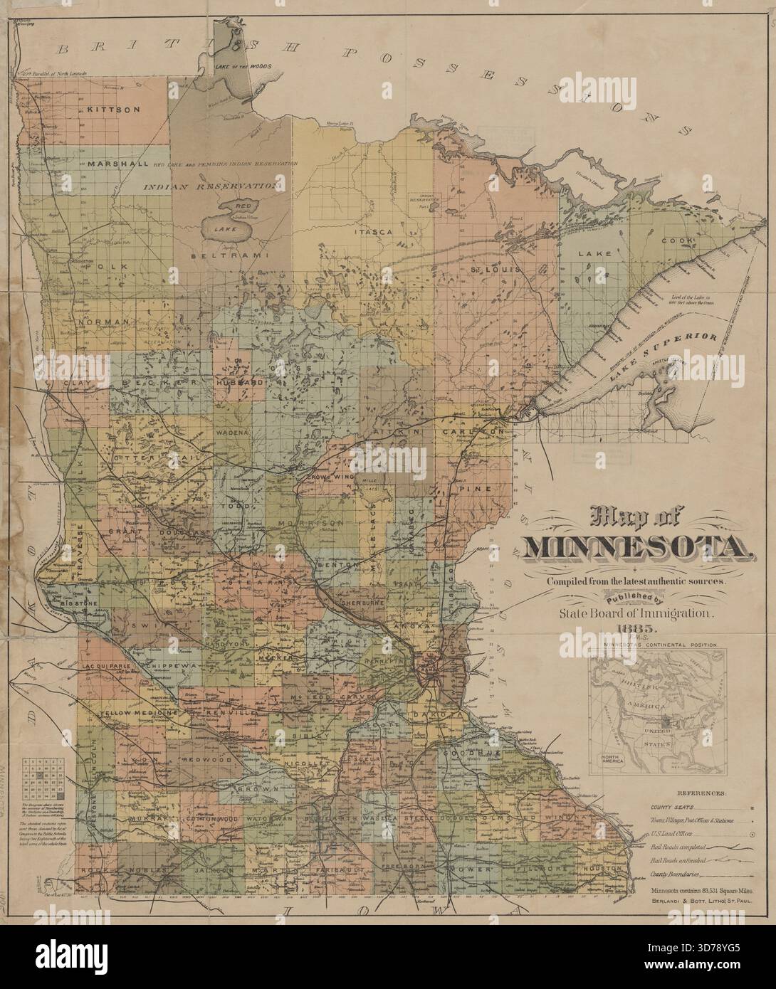 Carte du Minnesota, compilée à partir des dernières sources authentiques en 1885 par le Minnesota State Board of Immigration. La carte, publiée à Saint Paul, Minnesota, présente une coloration à la main et mesure 54 x 45 cm sur une feuille de 56 x 47 cm. Elle comprend les chemins de fer et montre les divisions administratives et politiques de l'État Banque D'Images