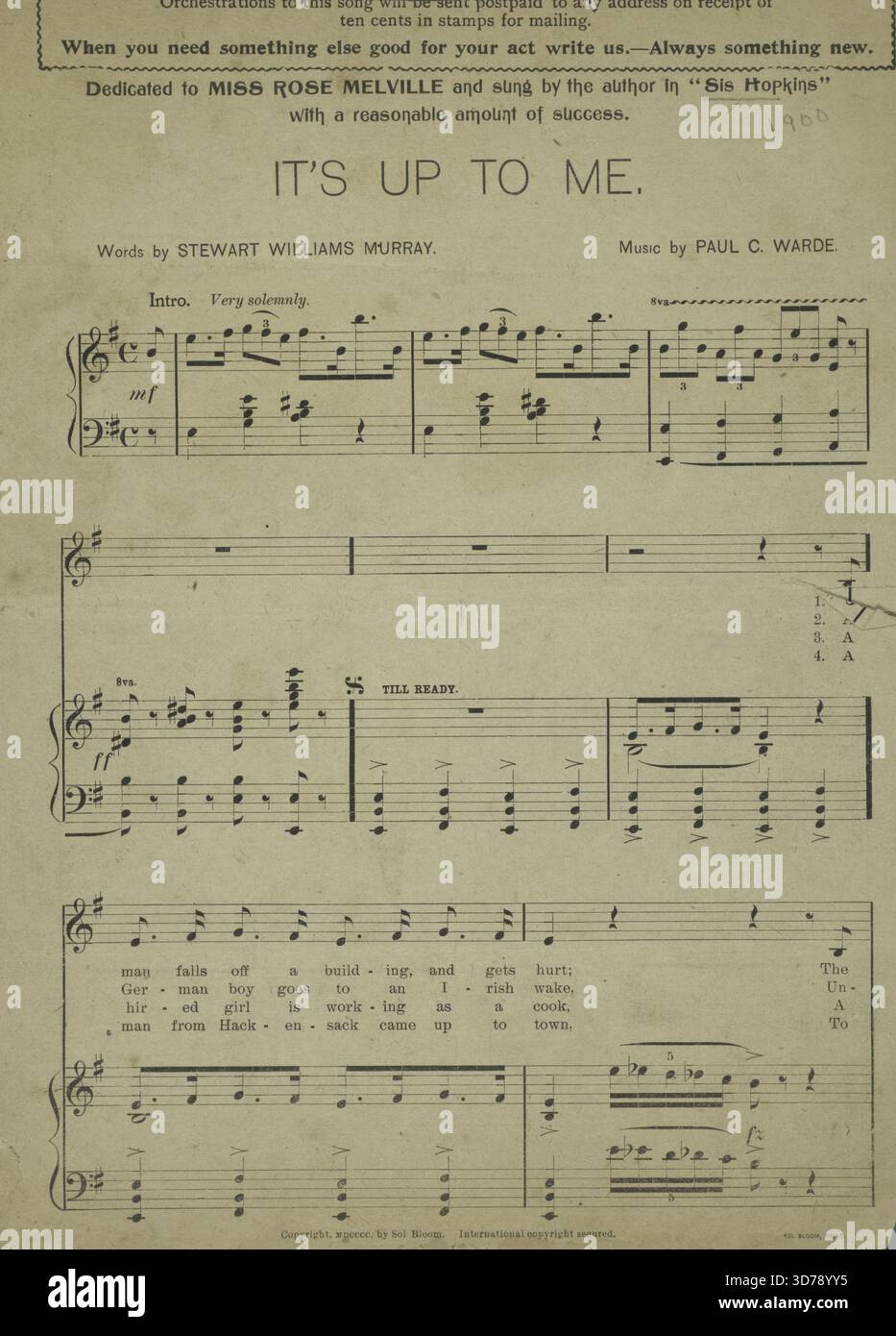 C'est à moi, 1900, Un homme tombe d'un immeuble et se blesse., première ligne de refrain C'est à moi, une journée chargée., 1900, Chicago, Éditeur, sol. Bloom, Songs, Death, Undertakers and Undertakers, chansons humoristiques, 1 score (4 p.) ; 30 cm Banque D'Images