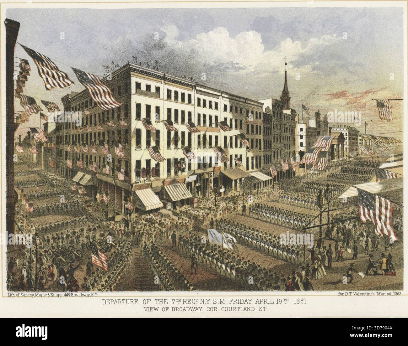 Départ du 7e Regt. N.Y.S.M. le vendredi 19 avril 1861., 1861 - 1880. New York, New York, États-Unis. Le contexte historique comprend les arrivées et les départs liés au New York Infantry Regiment, 7th (Militia) (1806-1922 Banque D'Images