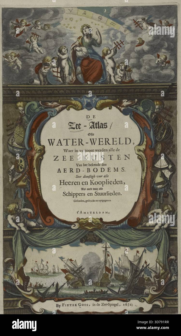 Page de titre de 'de Zee-atlas ofte water-wereld', publié en 1672 par P. Goos à Amsterdam. Le travail se concentre sur les atlas et la guerre navale Banque D'Images