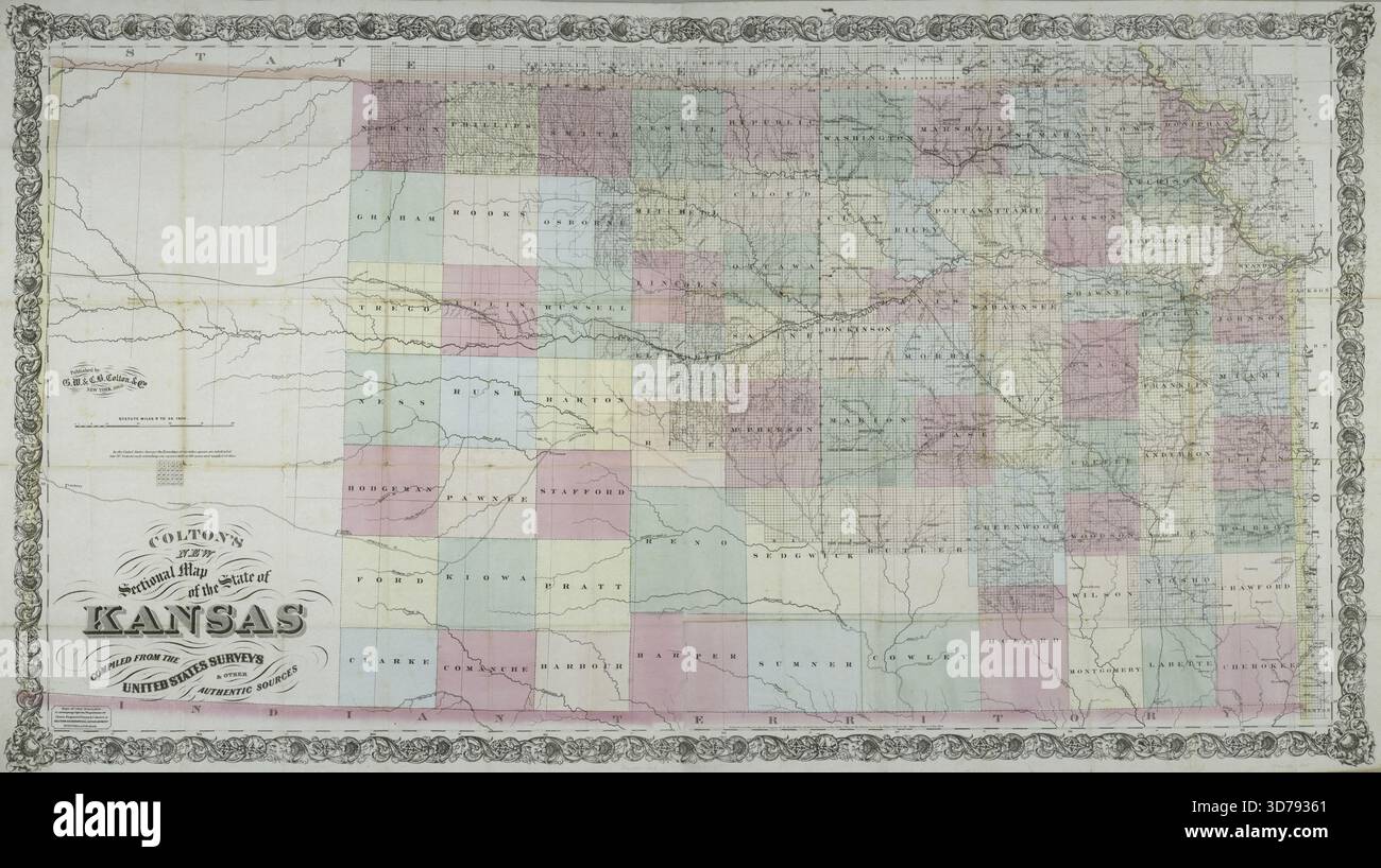 La nouvelle carte en coupe de Colton de l'État du Kansas, compilée à partir des relevés des États-Unis et d'autres sources authentiques, datée de 1868. Cette carte colorée à la main est imprimée sur deux feuilles, mesurant 62 x 114 cm, avec des feuilles individuelles de 72 x 63 cm. Elle est pliée et logée dans une couverture mesurant 16 x 10 cm. Publiée par G.W. & C.B. Colton & Co à New York Banque D'Images