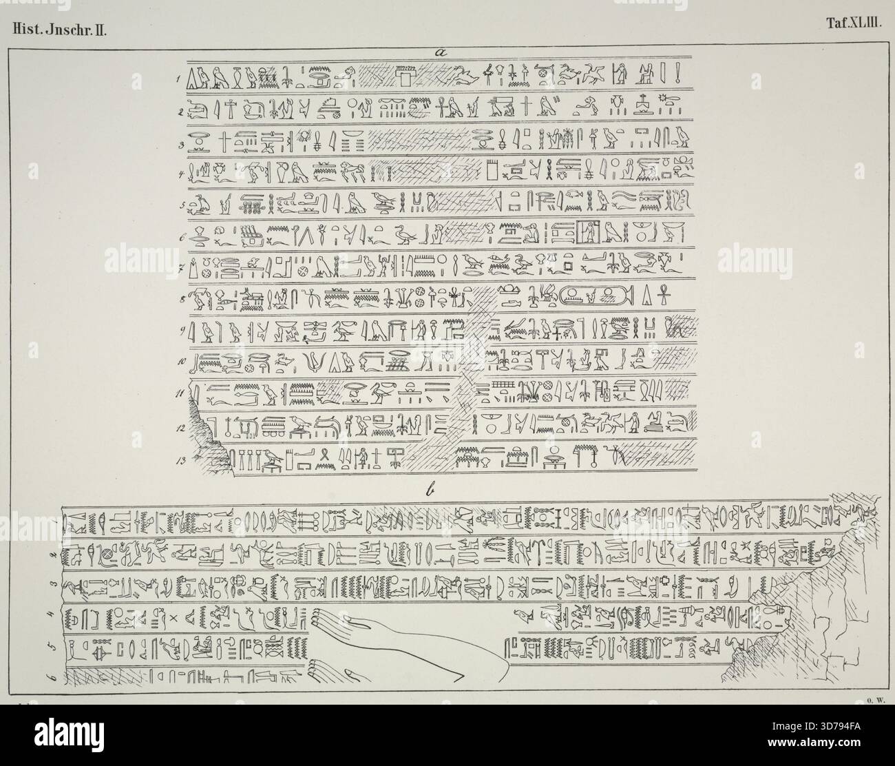 Illustrations et inscriptions de deux tombes privées thébaines, en particulier les tombes de Paur et Tai. Publié à Leipzig en 1869 par J. C. Hinrichs. L'œuvre comporte des inscriptions en hiéroglyphes, bas-reliefs et lithographies liées aux antiquités égyptiennes, en particulier de Thèbes, une ville antique d'Égypte Banque D'Images