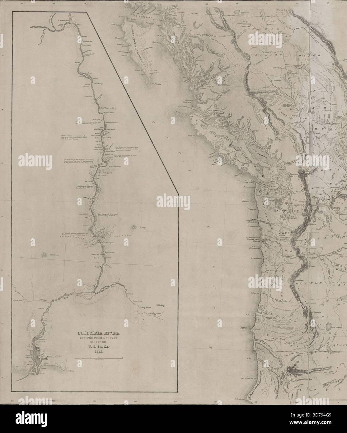 Carte du territoire de l'Oregon, 1841, produite par l'expédition d'exploration des États-Unis (1838-1842). Délivré à Washington, D.C. par U.S. ex. Ex. La carte couvre la région du Pacifique Nord-Ouest et inclut le fleuve Columbia. Les dimensions de la carte sont de 58 x 89 cm, imprimé sur une feuille mesurant 65 x 97 cm Banque D'Images