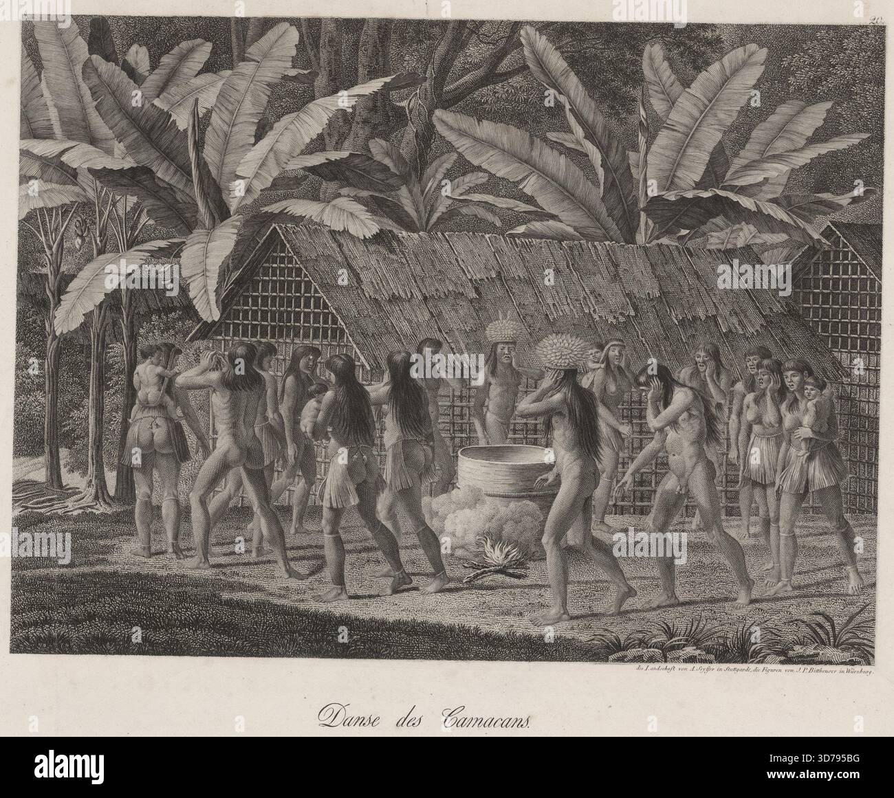 Danse des Camacans, 1810 - 1819., Paris. Dépeint une danse indienne du Brésil, mettant en vedette les Indiens d'Amérique du Sud. Gravure. 23,7 x 32 cm Banque D'Images