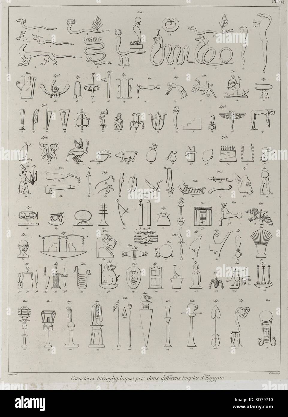 Personnages hiéroglyphiques tirés de divers temples d'Egypte, 1829, par vivant Denon. Publié à Paris par H. Gaugain. L’œuvre comprend des gravures liées à la description et au voyage en Égypte Banque D'Images