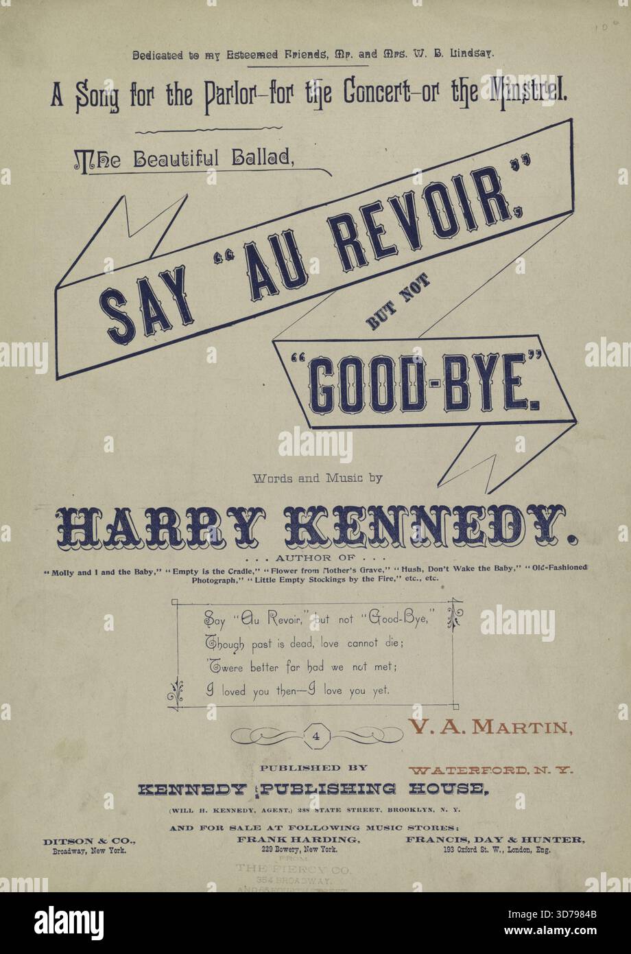 Dites au revoir, mais pas au revoir », 1893. En plus, « dites au revoir, mais pas au revoir ». First Line., 1893., Brooklyn, N.Y. Éditeur, Kennedy Publishing House. Le sujet comprend des chansons sur la séparation (psychologie) et les adieux, en particulier des années 1890-1899., 1 partition (6 p.) ; 36 cm Banque D'Images