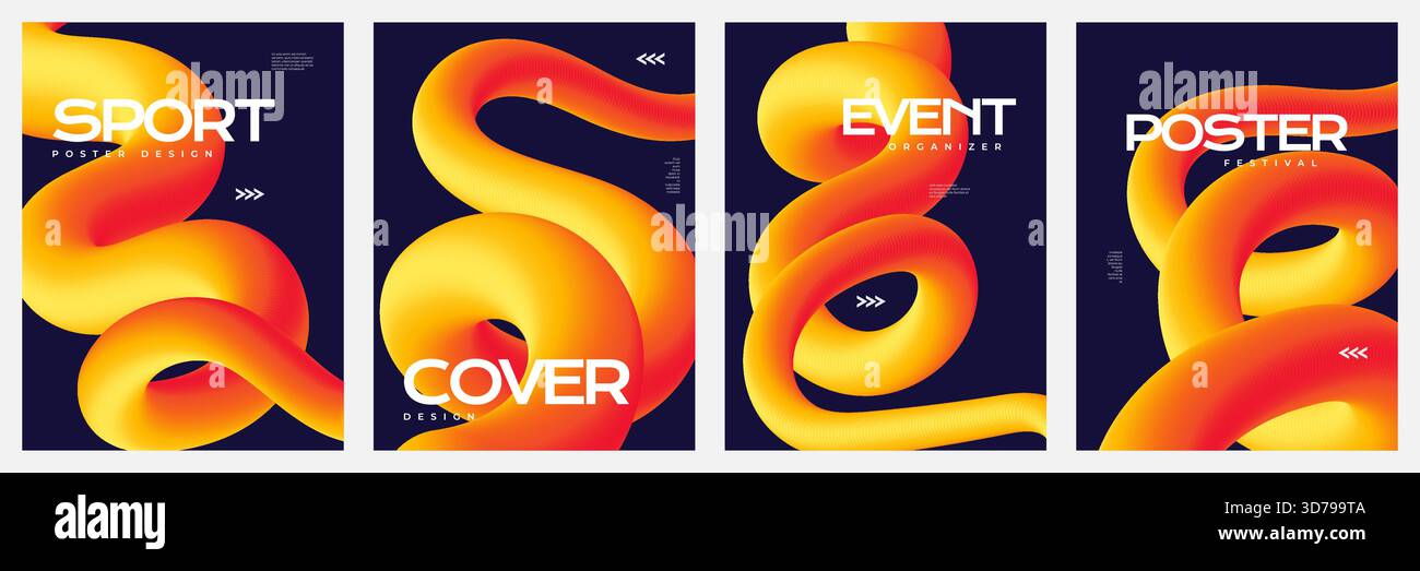 Collection d'affiches abstraites avec des lignes oranges courbes 3D sur fond bleu. Conception de modèle de couverture de flyer créatif, de bannière ou d'affiche pour la marque, la publicité Illustration de Vecteur