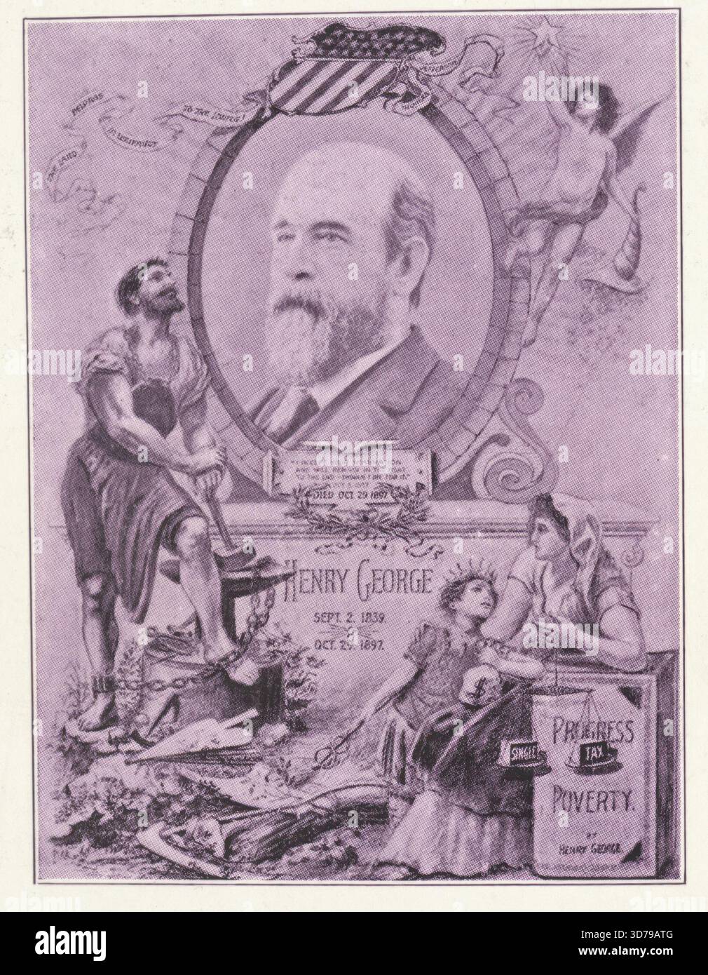 Vignette commémorative à Henry George conçue par George Brunswick, New York, 1800 - 1899. Impôt unique, George, Henry, 1839-1897. Tirages photomécaniques demi-teintes., 1 tirage ; 21,6 x 14,8 Banque D'Images