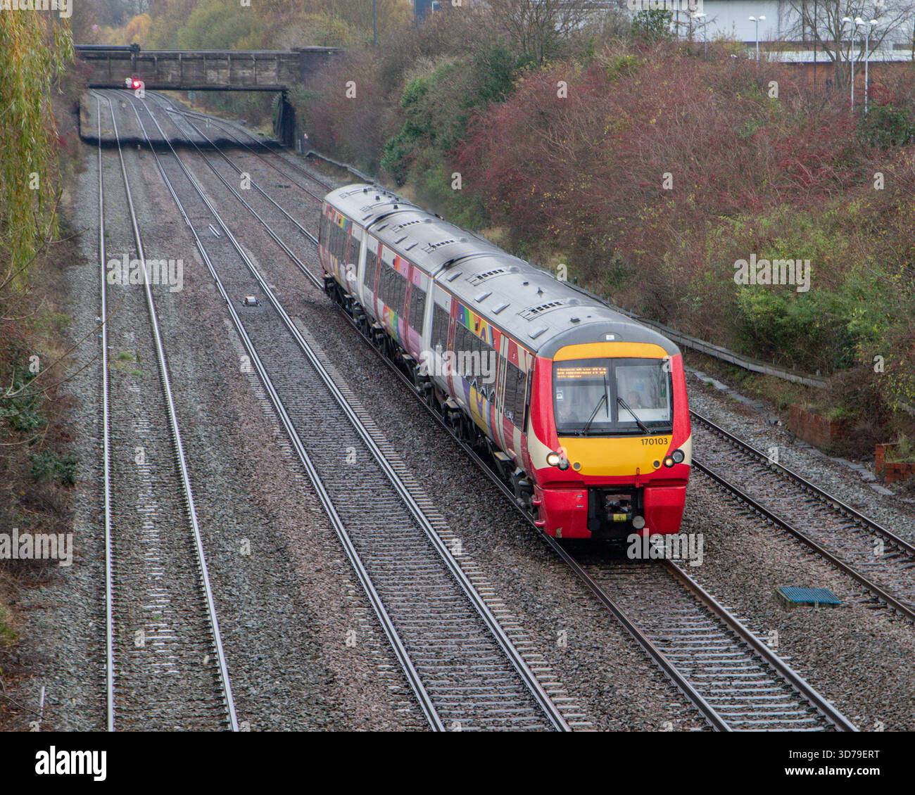 Sunnyhill, Royaume-Uni, 24, novembre, 2025 : classe 170 170103 en livrée Pride sur le 1G24 1141 Nottingham à Birmingham New Street en automne – britannique Banque D'Images