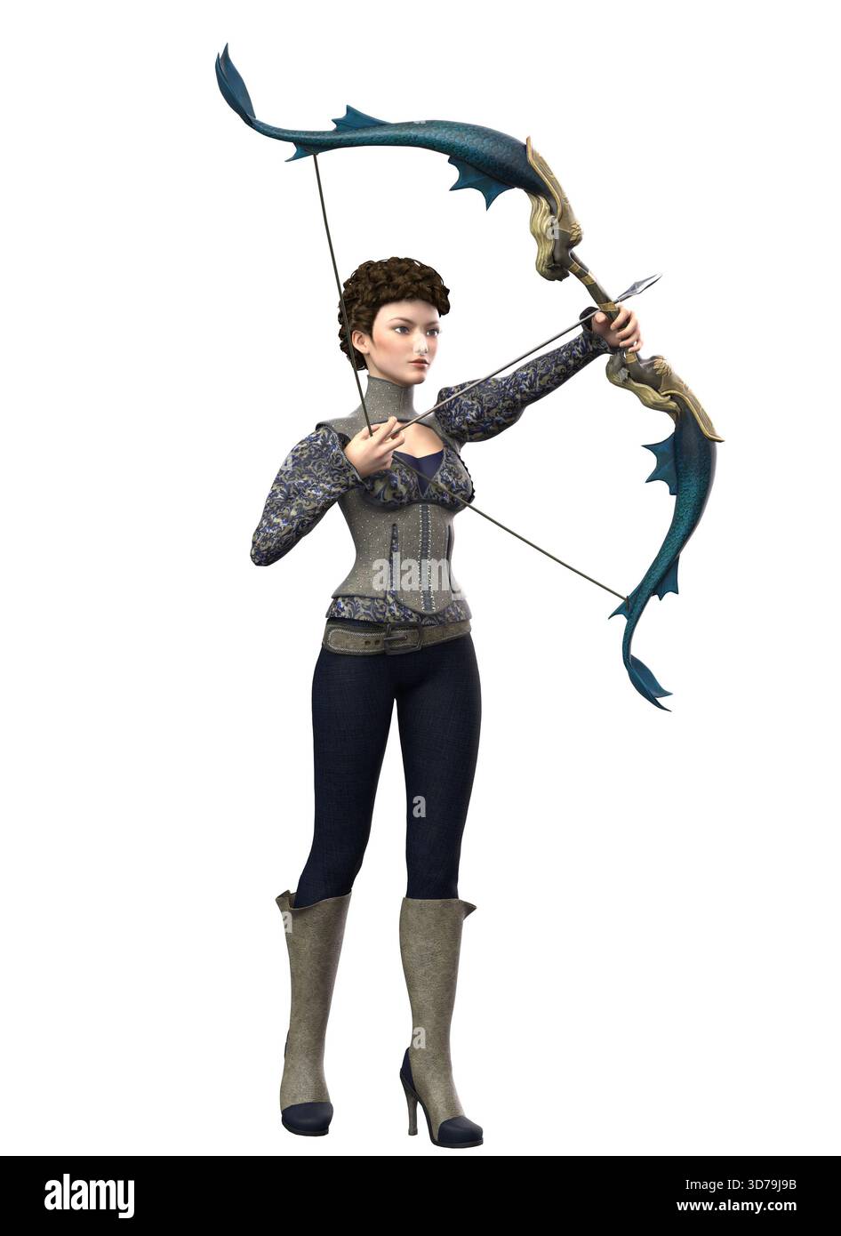 Illustration fantastique 3D d'une femme déterminée visant un arc décoratif. L'archer féminin se tient concentré et bien fixé, incarnant la précision, la puissance et el Banque D'Images