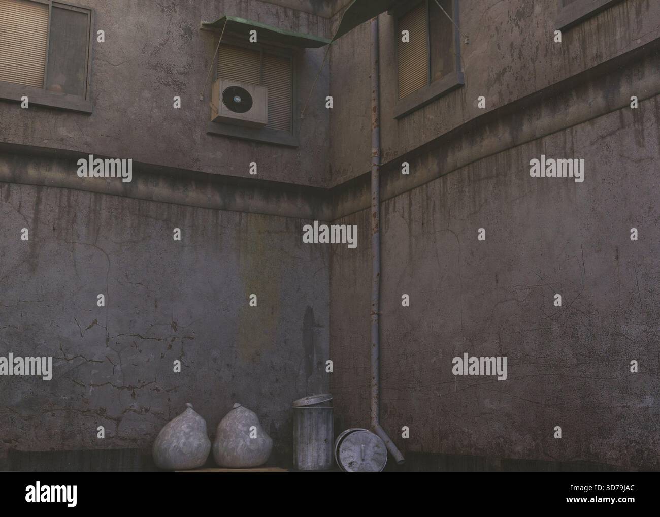 Vue détaillée d'un ancien immeuble d'appartements extérieur avec des murs fissurés, des climatiseurs, des fenêtres barrées, et une porte en métal avec des graffitis, reflet Banque D'Images